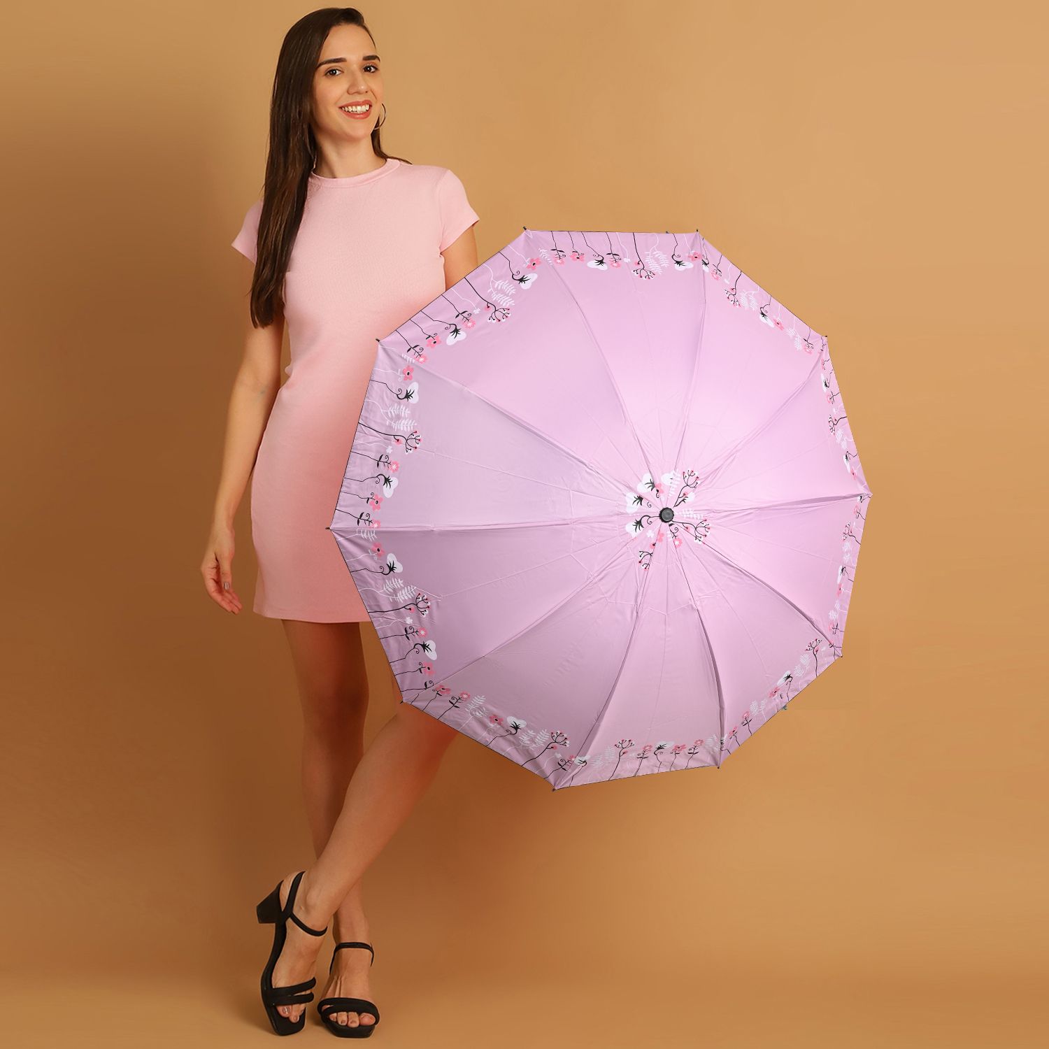 3 Fold Printed Rain Sun & UV Rays Protective Double Coated Manual Open Umbrella-image-20