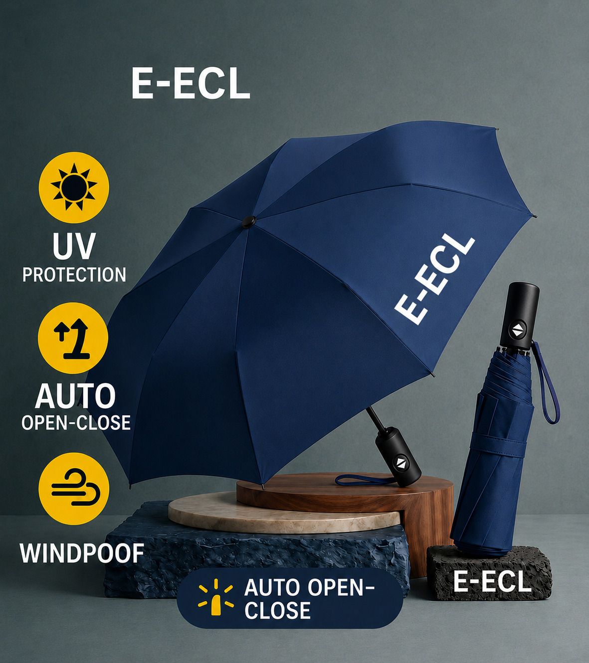 UV Sunshade & Rain Black 3-Folding Umbrella, 8 Ribs Automatic Opening Umbrella Umbrella-image-37