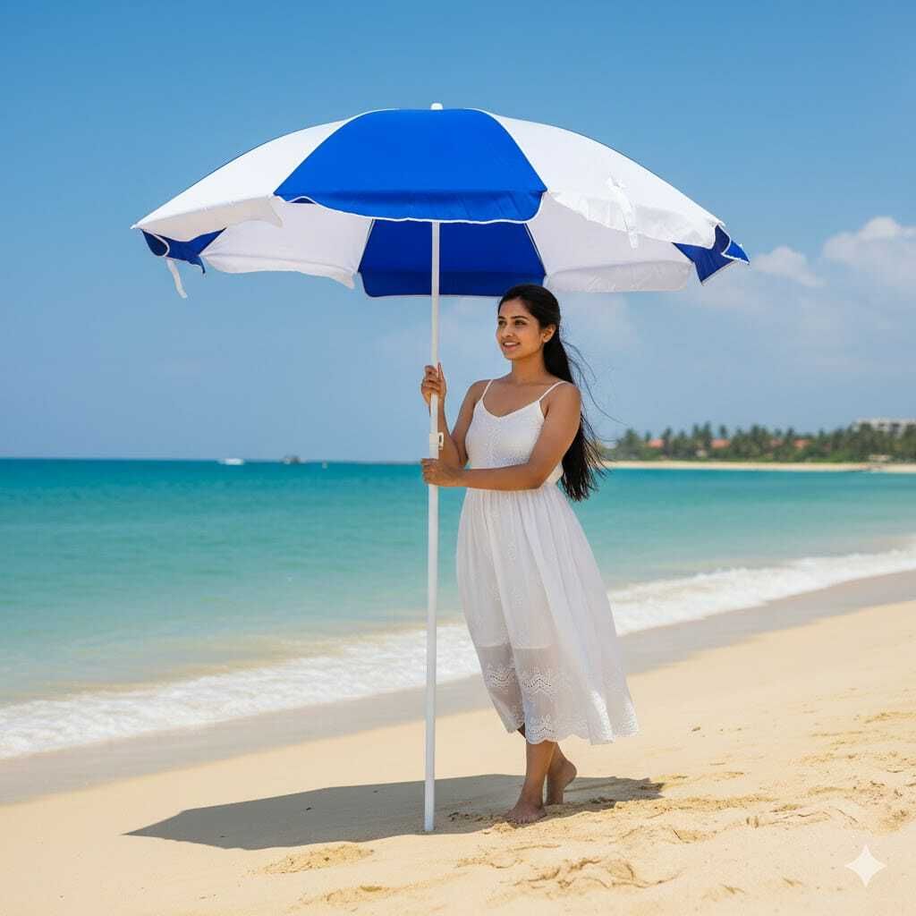 Blue & White 7ft Beach Umbrella with White Pole Umbrella-image-15