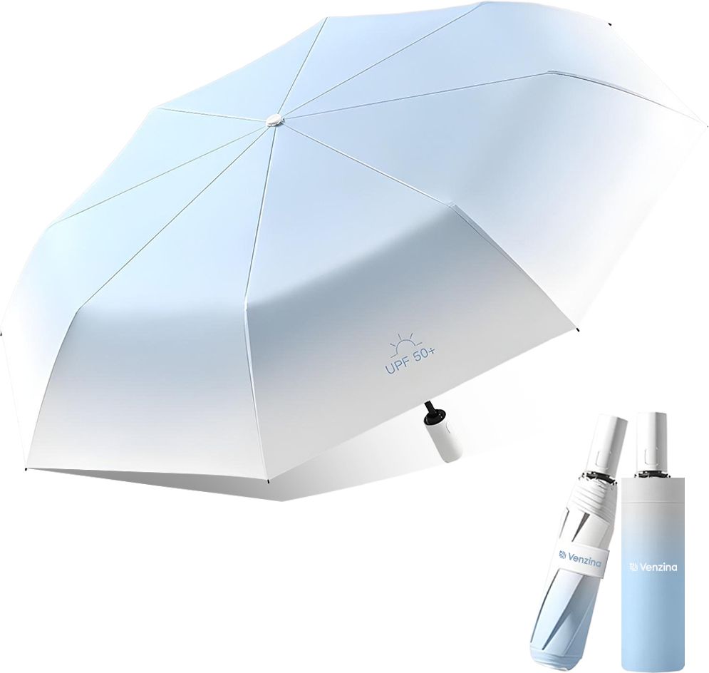 UPF 50 Sun Umbrella Automatic Travel Folding Lightweight Gradient Blue Umbrella-image-29