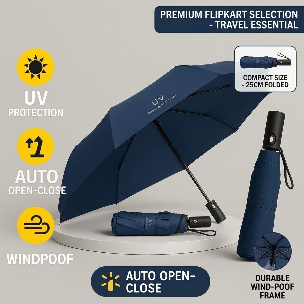 Blue Automatic UV Protection Umbrella for Sun & Rain 3 Fold Umbrella-image-44