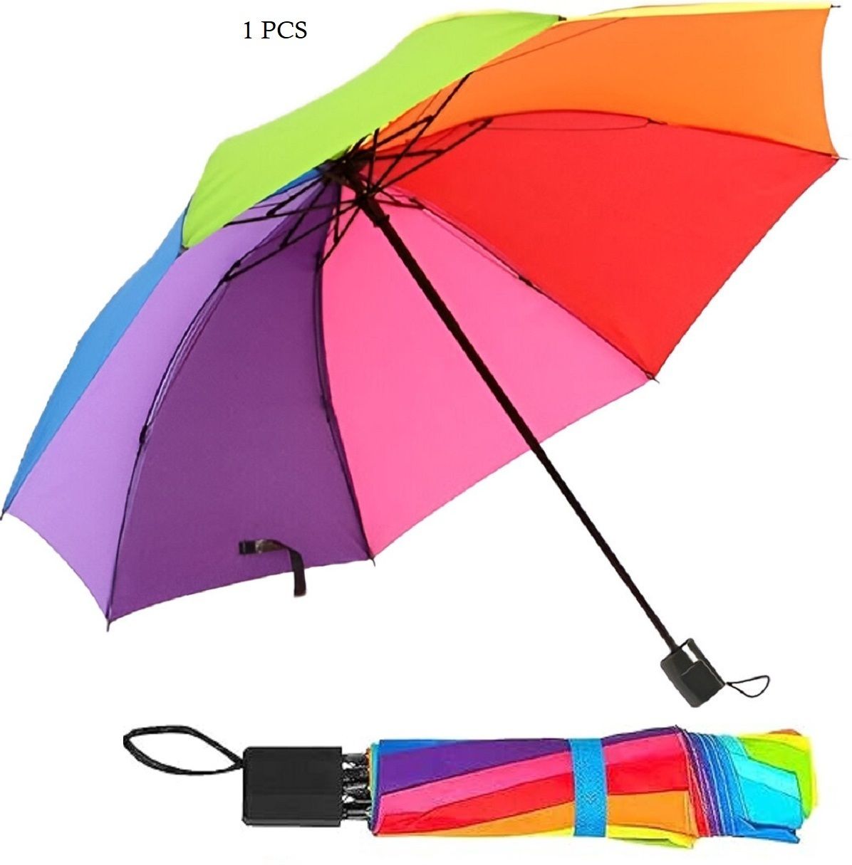 3 Fold Compact Travel Umbrella, Portable Folding Windproof and Rainproof Rainbow Umbrella-image-9