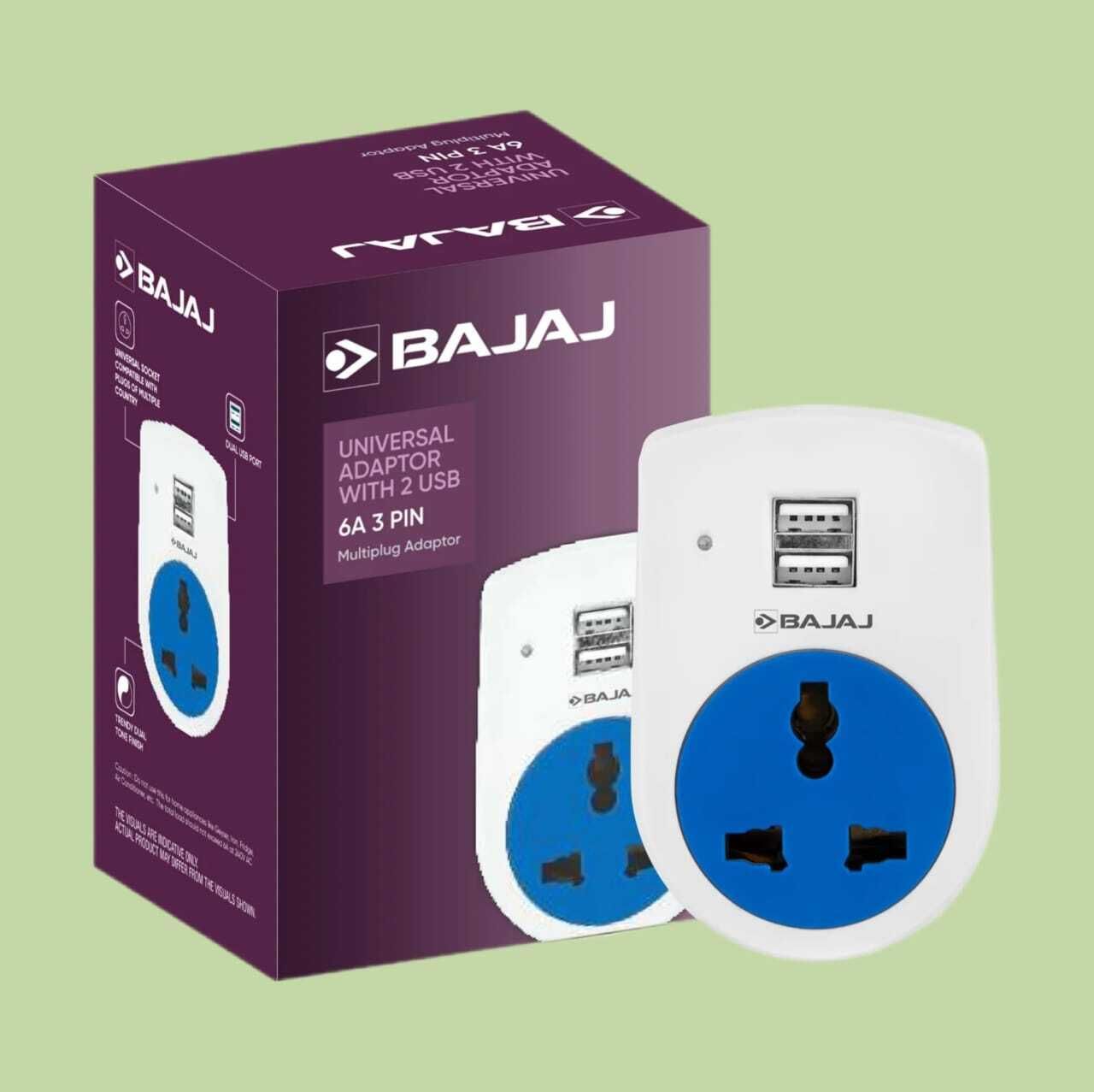 BAJAJ 6A 3PIN UNIVERSAL ADAPTOR WITH 2 USB , SINGLE PLUG 1 Socket Extension Boards USB Adapter-picture-31