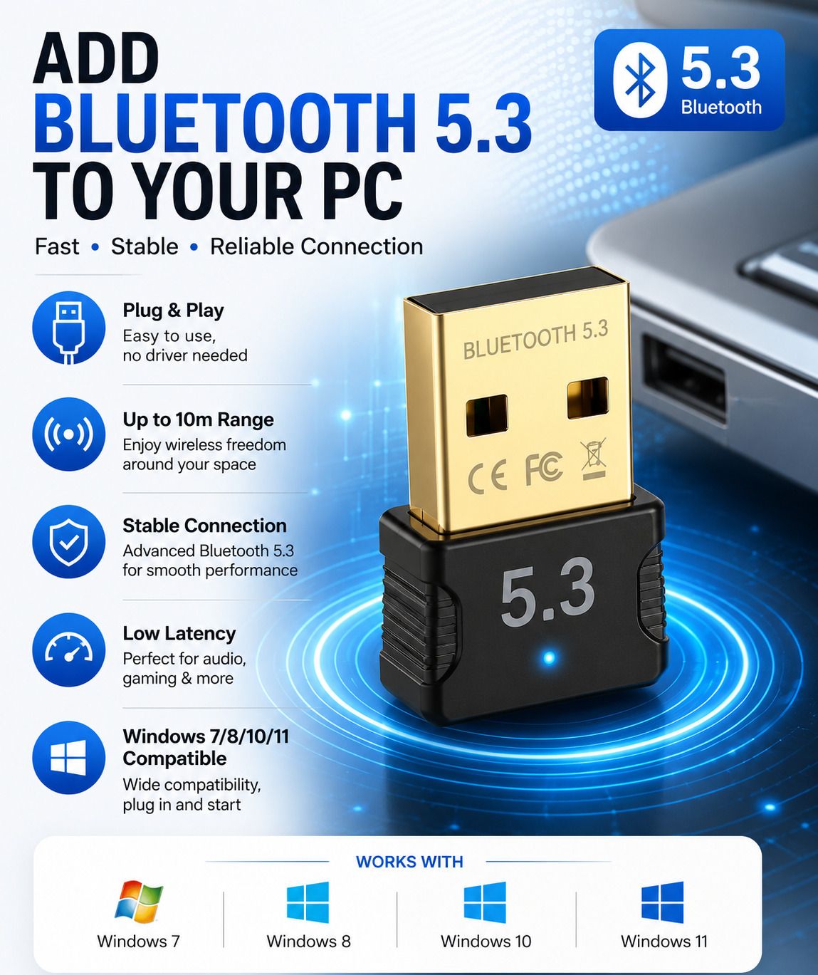 Bluetooth 5.3 USB Dongle Adapter for PC Laptop, Plug & Play Wireless Receiver USB Adapter-image-30