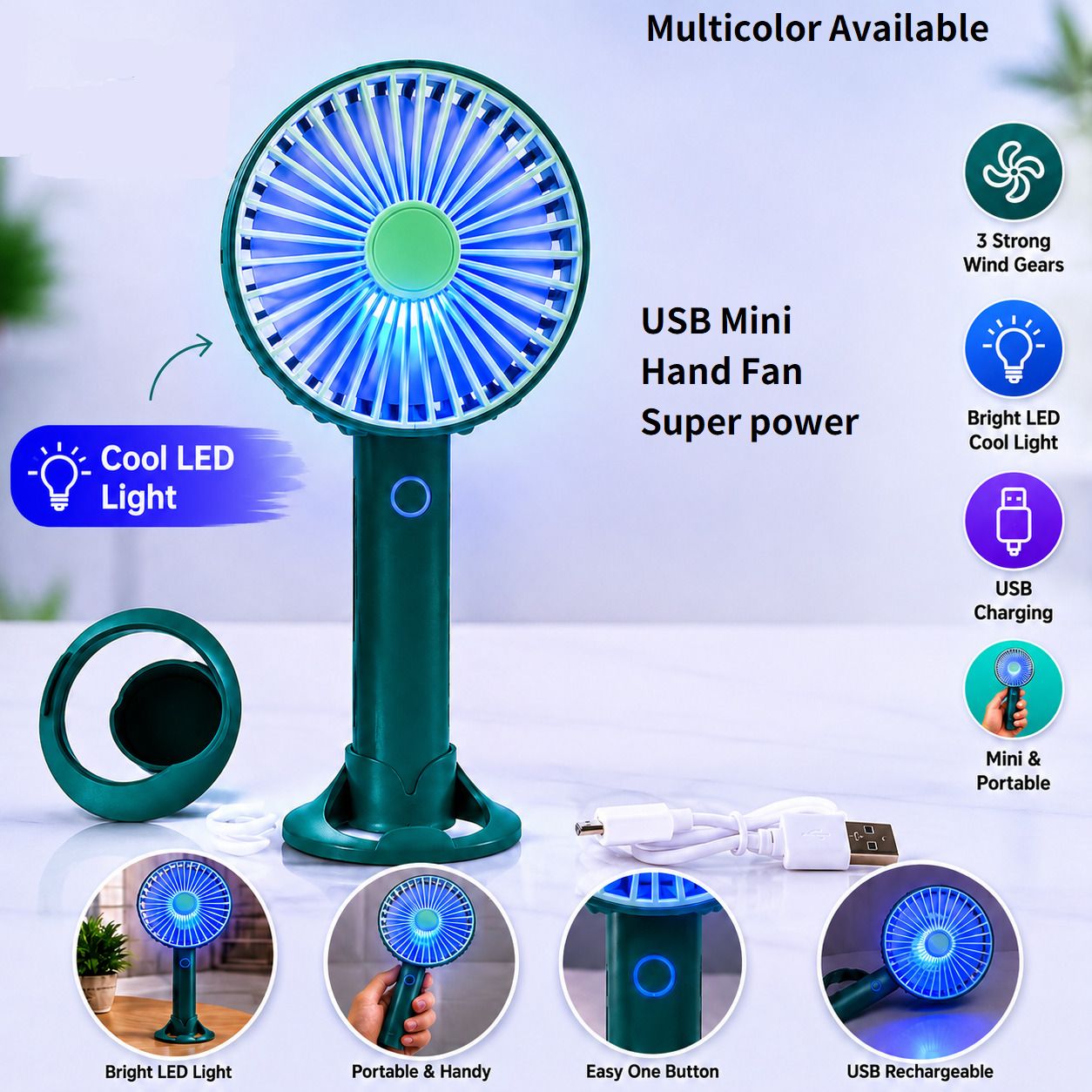 Coolverse Rechargeable USB Mini Hand Fan with LED Light, 3 Speed, Portable LV-1033 USB Fan, USB Air Cooler-picture-38