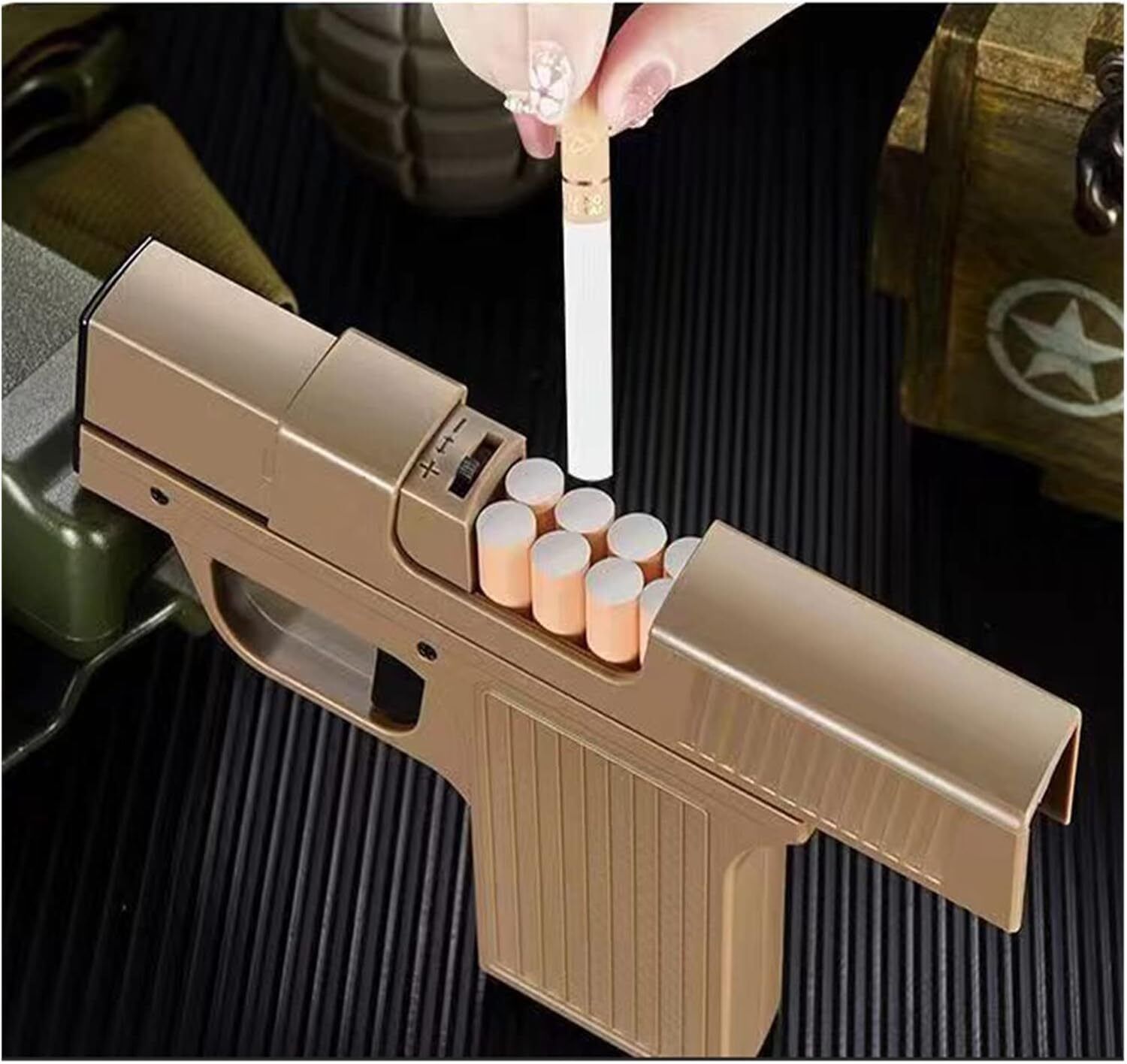 JD-YH098 Brown Refillable Gun-Shaped Lighter with Cigarette Storage Holder/Box Built-In Cigarette Storage Plastic Gas Lighter Pocket Lighter