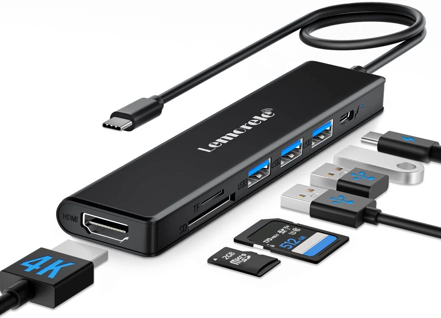 Lemorele USB Type-C Multiport Dongle Hub Adapter 7 in 1 with HDMI 4K@30Hz USB3.0 TC70 HDMI Connector-image-29