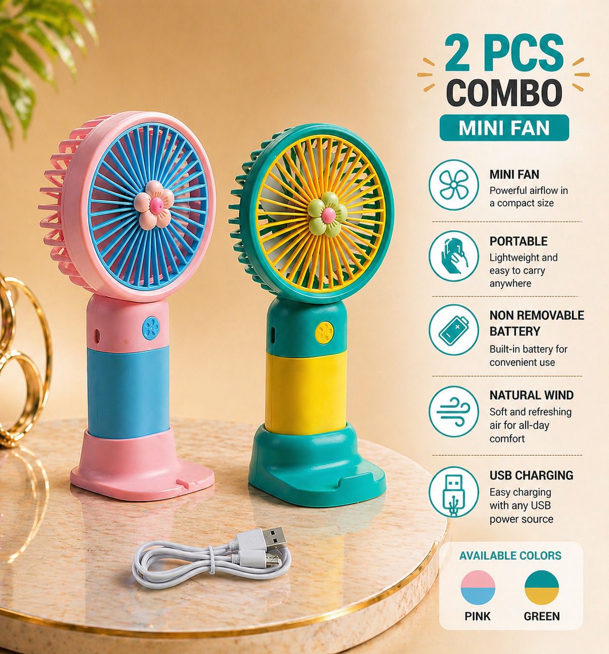 DTwenty Natural Wind | 3 Speed Modes | Desktop & Hand Fan for Kids,Girls,Travel,Office Combo Portable USB Mini Fan (Pack of 2) USB Fan, Rechargeable Fan-image-49