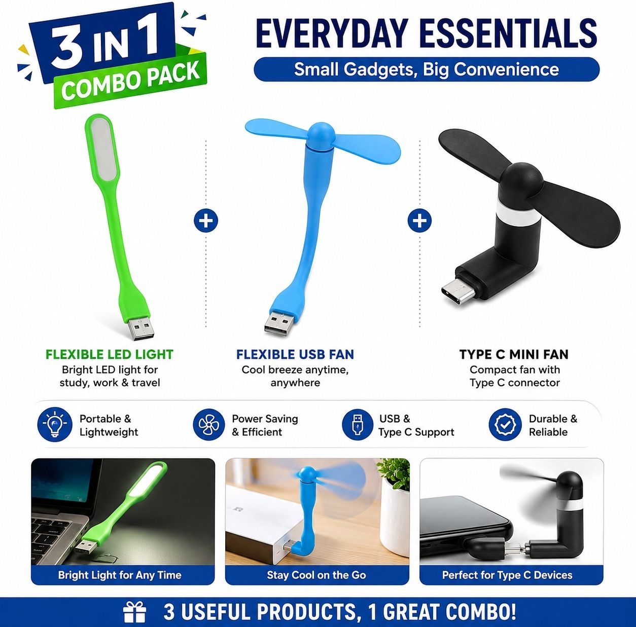 JANGI 3 in 1 USB Gadget Combo | LED Light + USB Fan + Type C Mini Fan | Portable 3 in 1 USB Gadget Combo | LED Light + USB Fan + Type C Mini Fan | Portable Led Light, USB Fan-image-7