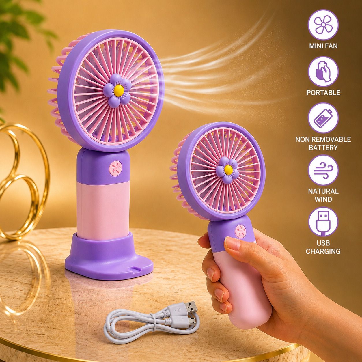 DTwenty 3-Speed Portable Handheld Table Fan | Quiet Desk Fan for Home,Office & Travel Natural wind। Rechargeable USB Mini Fan with Phone Stand USB Fan, Rechargeable Fan-image-41
