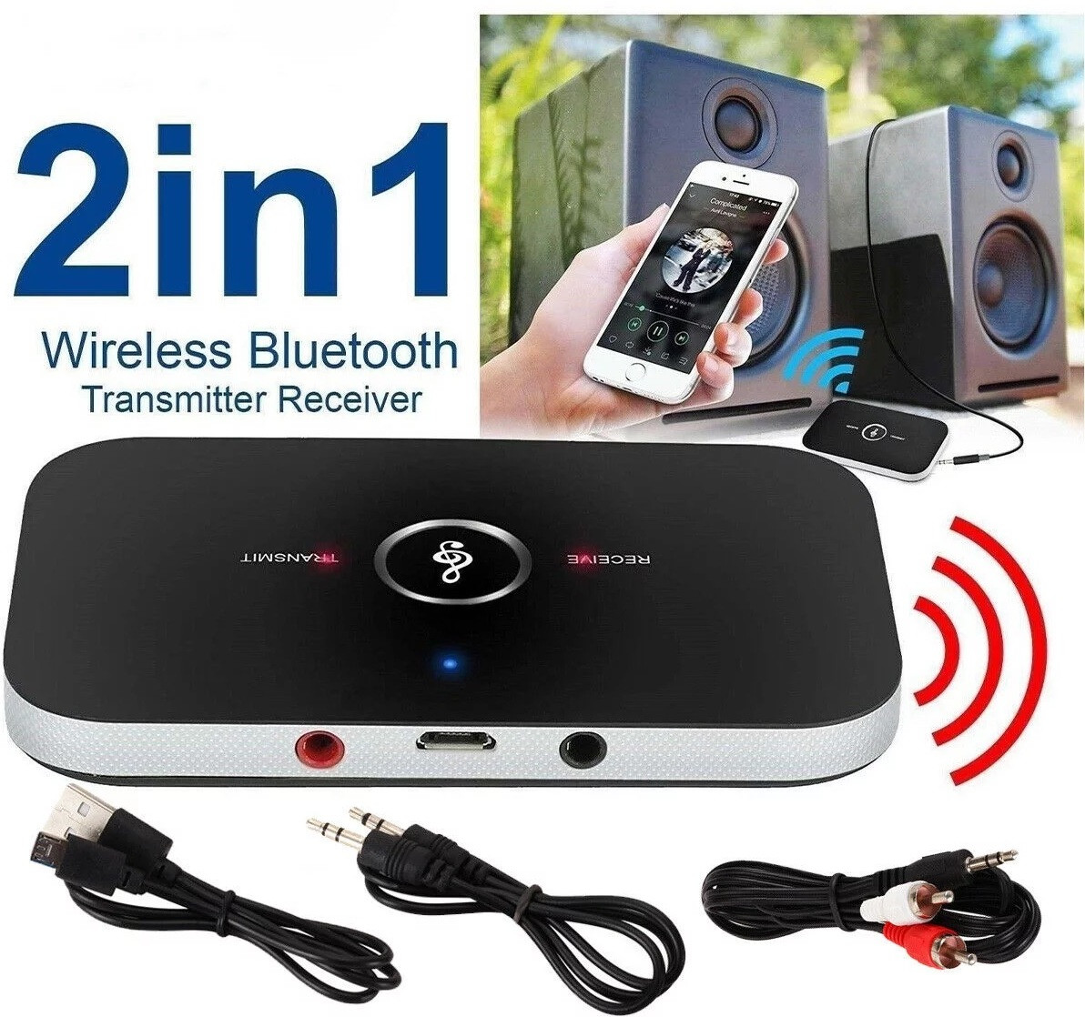 microware 2 in 1 Wireless Bluetooth Transmitter & Receiver, Wireless Stereo Audio Adapter Car Kit for Headphones, TV, Computer, MP3 / MP4, iPhone and More Bluetooth Bluetooth image 1