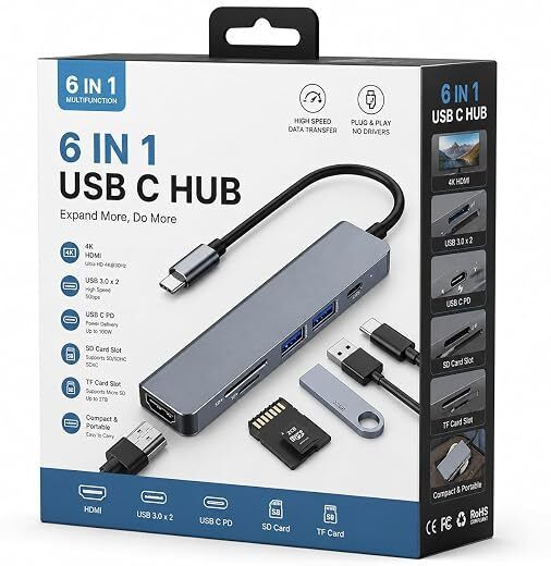 PRIMEARC 6-in-1 USB-C Hub with HDMI, USB 3.0, SD/TF Card Reader & PD 100W 6-in-1 USB-C Hub with HDMI, USB 3.0, SD/TF Card Reader & PD 100W USB Hub USB Hub-image-2