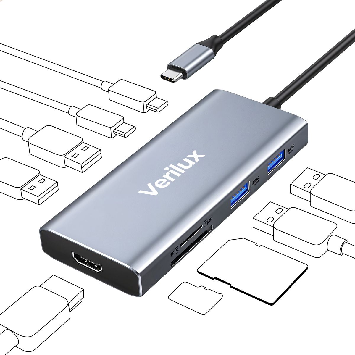 Verilux USB C Hub 9 In 1 4K 60Hz HDMI USB C SD TF Card Reader 100W PD Fast Charging Hub VLX-9IN1-USBC-HUB Converter Dock