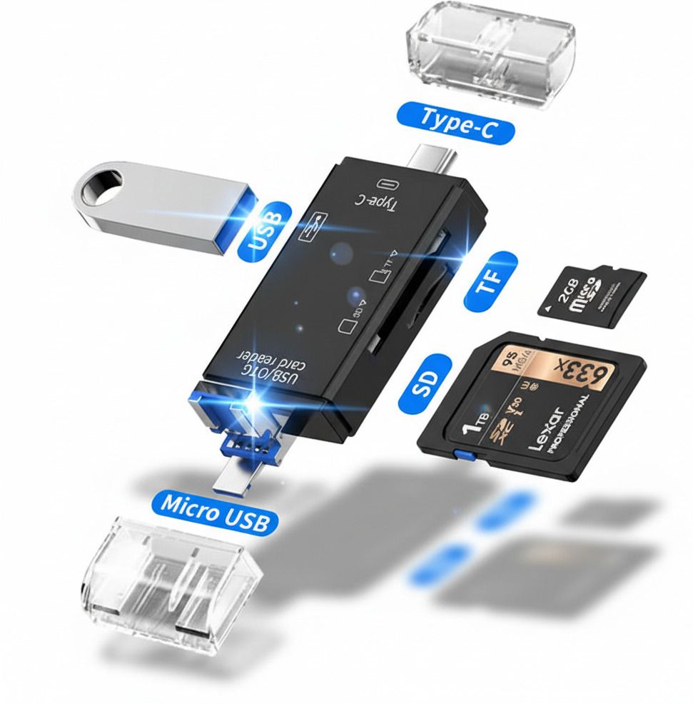 PLUGPULSES 6-in-1 OTG Card Reader with USB Type-C, USB 3.0 & Micro USB – Portable Card Reader