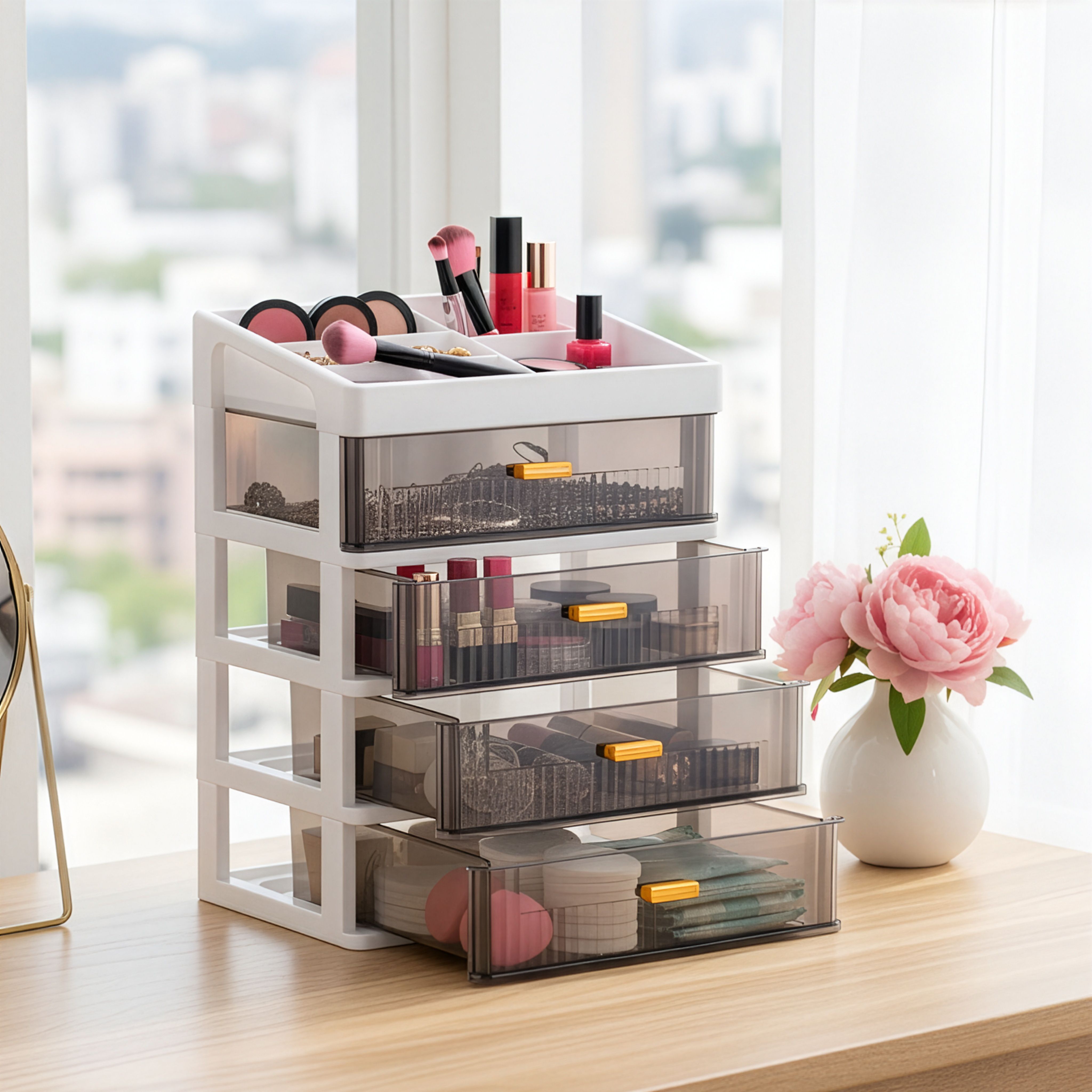 kitchmax Organizer Plastic Storage Box with Sliding Drawer for Cosmetics and Jewellery 4 Compartment Vanity Box-picture-23