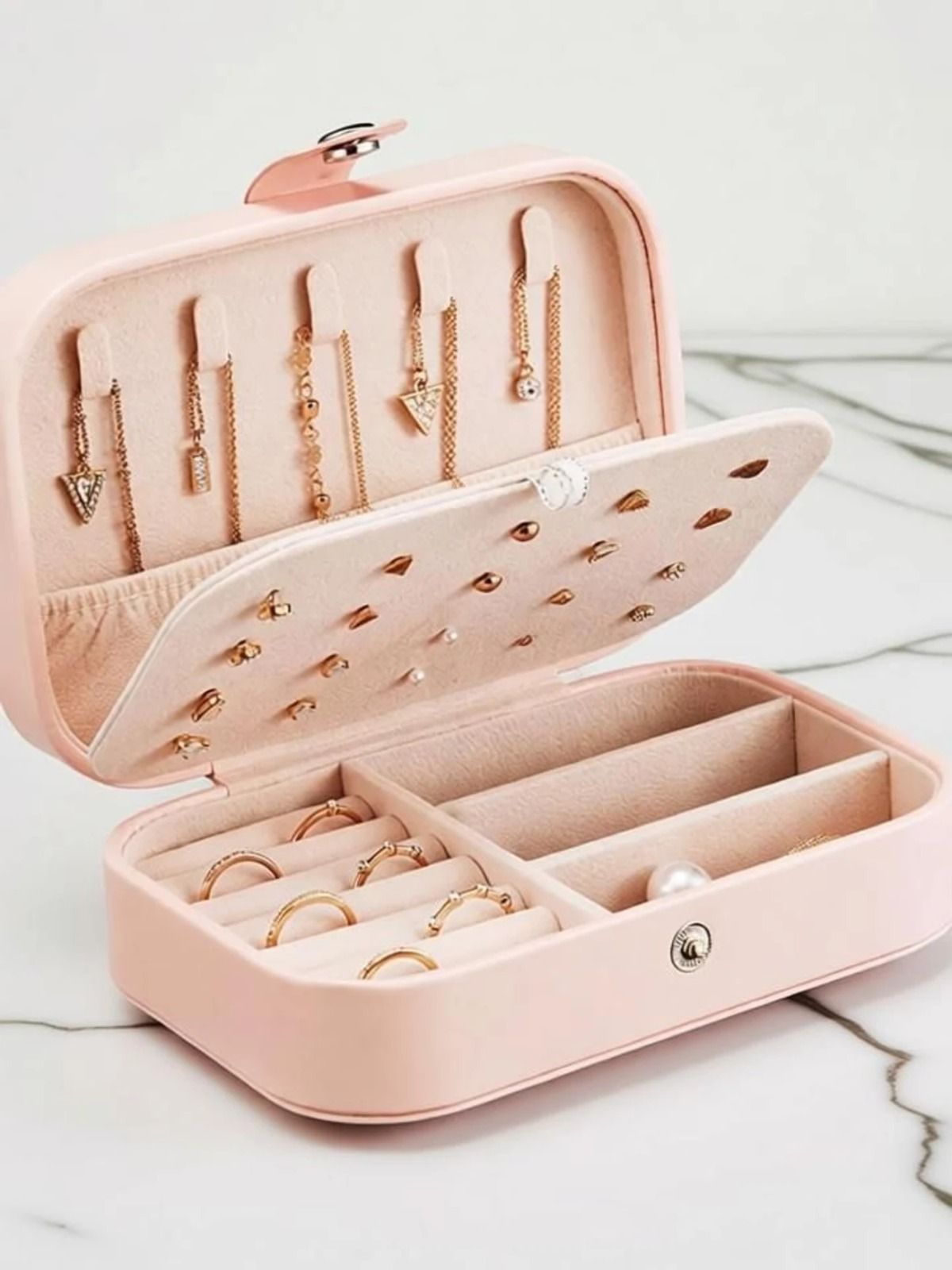 Portable Double Layer Jewelry Box for Women PU Leather, Pink Storage Case Double Layer Vanity Box-image-23