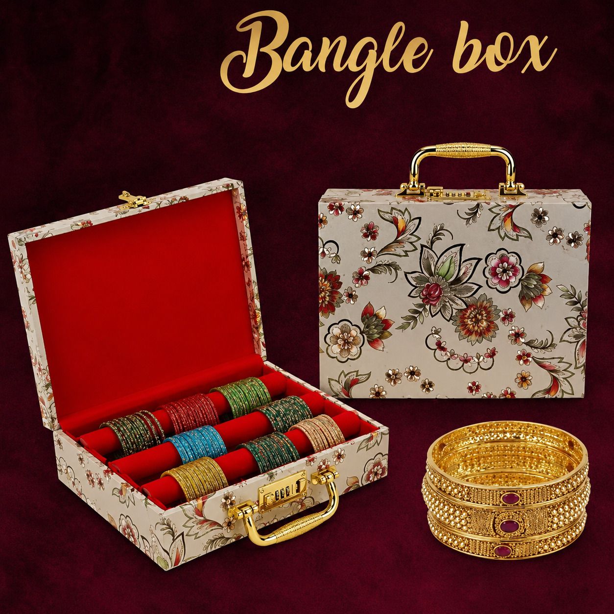 Bangle Organizer 3 Rod Storage Box, Floral Jewellery Case with Golden Handle Bangles Storage Case, Floral Jewellery Box, Jewellery Storage Organizer Vanity Box-image-19