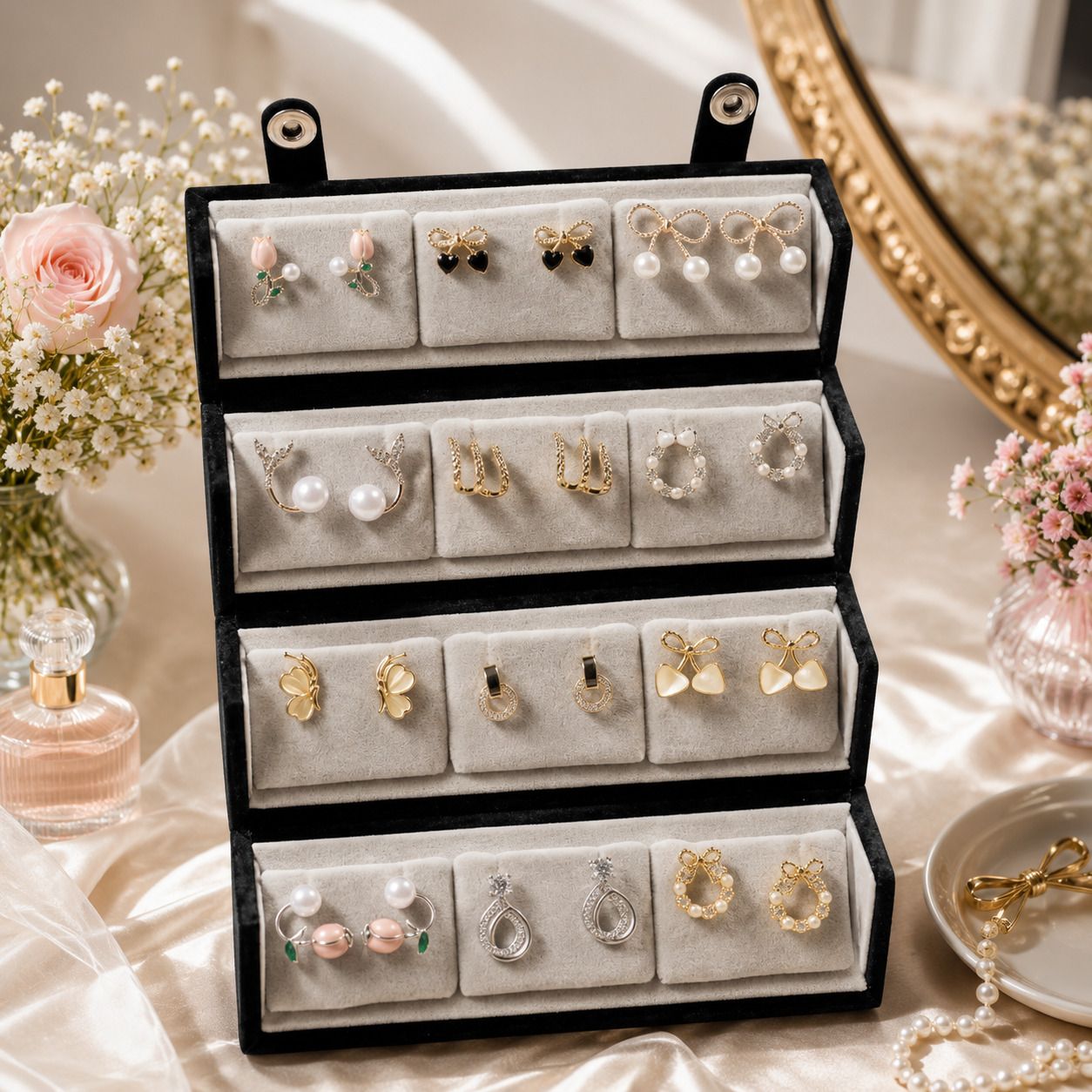 12 Pair korean earnings studs, Velvet Jewelry Storage Case, earring for women Multi layer earrings organizer storage box Vanity Box-image-29