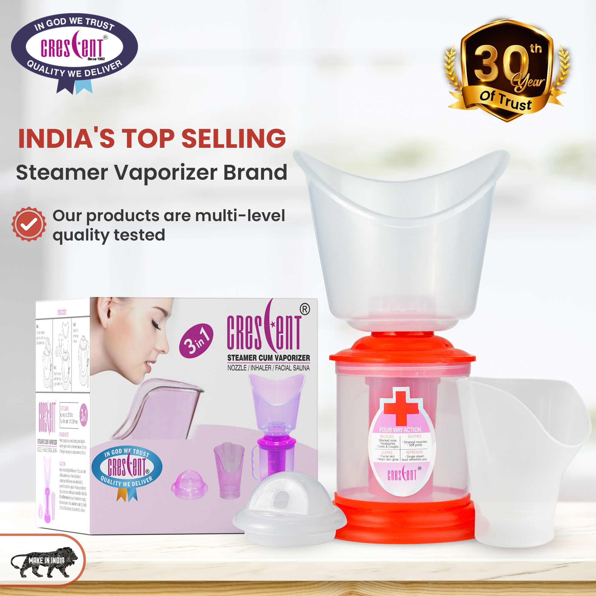 CRESCENT 3 In 1 STEAMER CUM VAPORIZER ( Nozzle / Inhaler / Facial Sauna ) Relieve in COLD, ASTHAMA BRONCHITIS Vaporizer