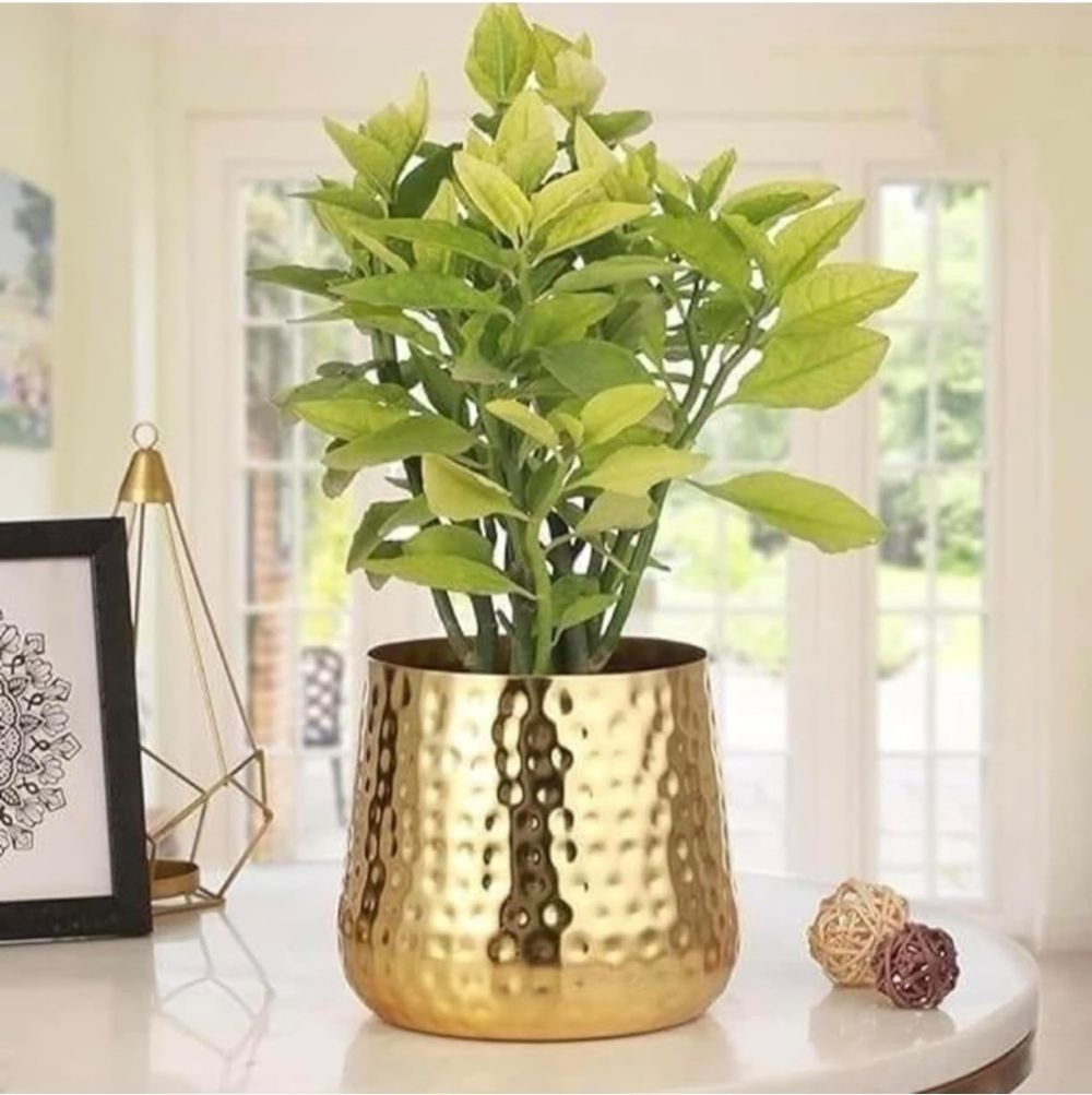 Golden Hammered Metal Planter Pot Decorative Flower Vase for Home Decor Iron Vase-image-3