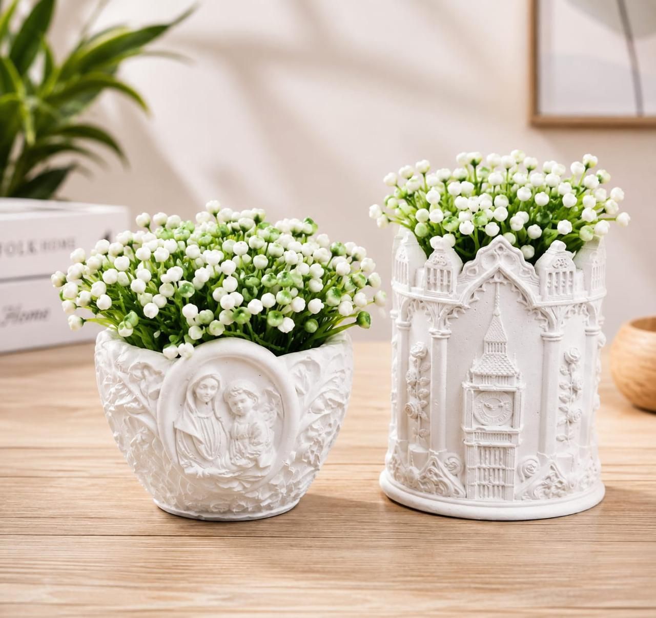 Modern Face Planter Pot Set of 2 with Artificial Plants Vase for Home & Office Polyester Vase-image-5