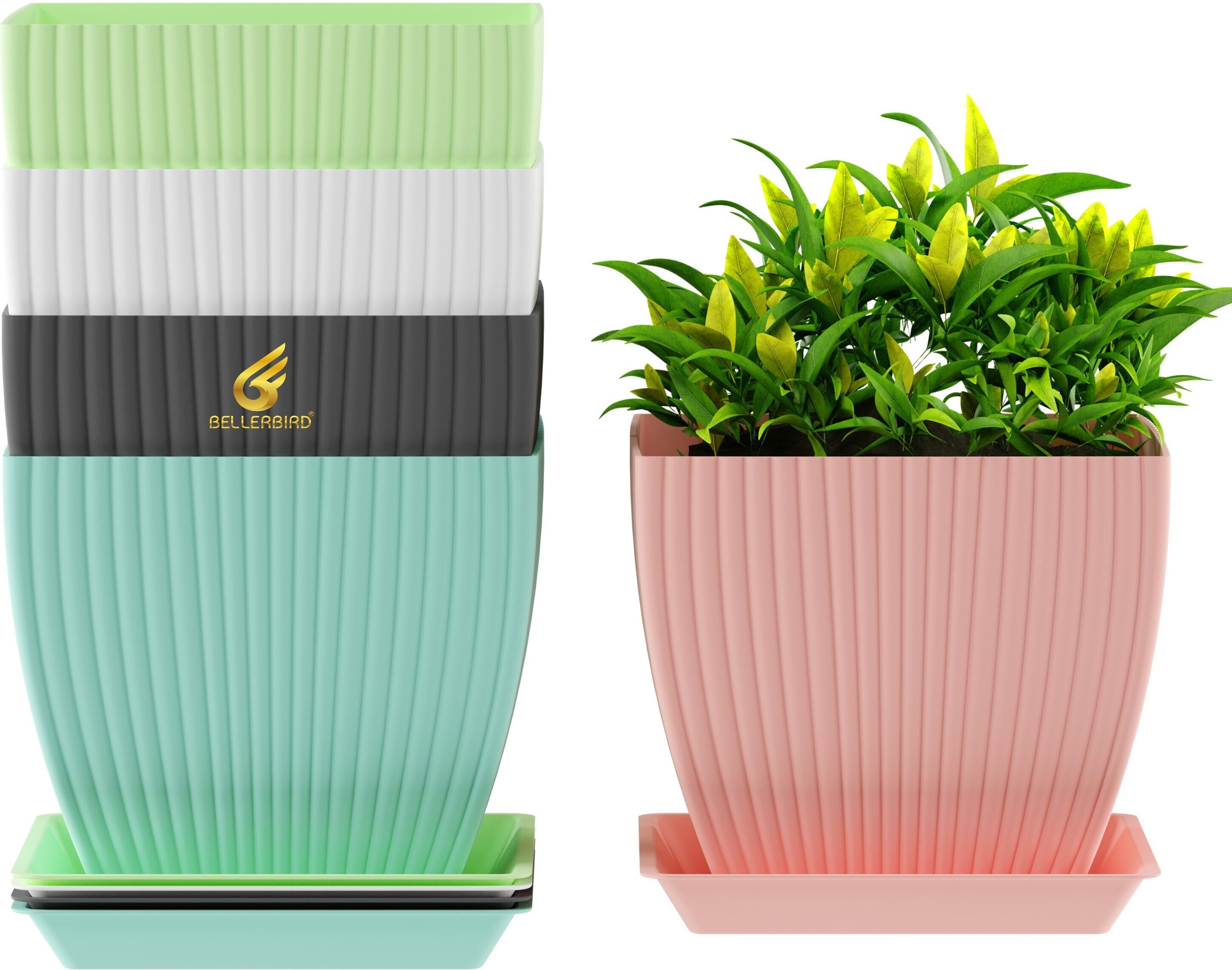 Square 5 Pack Flower Pots Outdoor Indoor Planters with Drainage Hole and Tray Plastic Vase-image-48