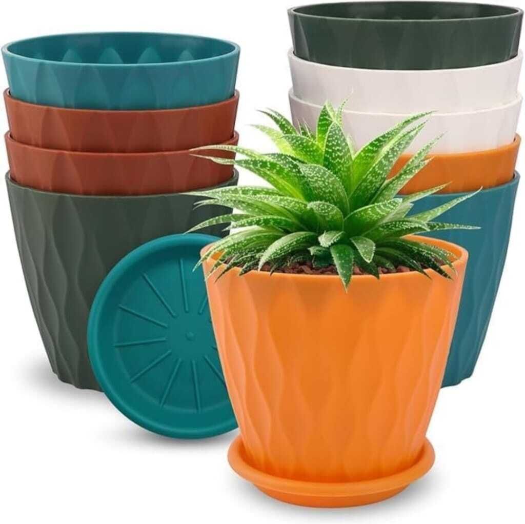 shiv enterprises Plastic Round Flower Pots With Drainage Hole Saucers Plant Container for Garden Plastic Vase-picture-27