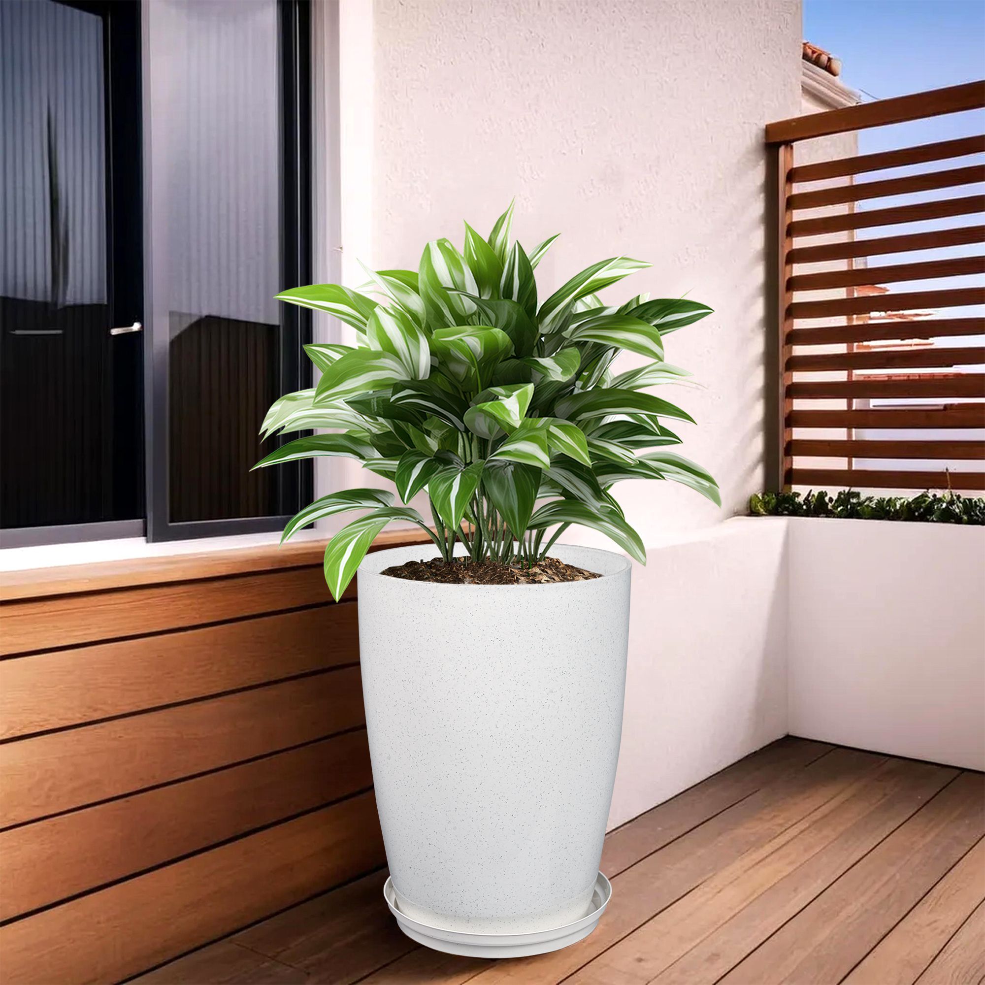 kuber industries 14 Inch Marble Tower Flower Pot with Plate for Home & Garden | White Plant Container Set-picture-11