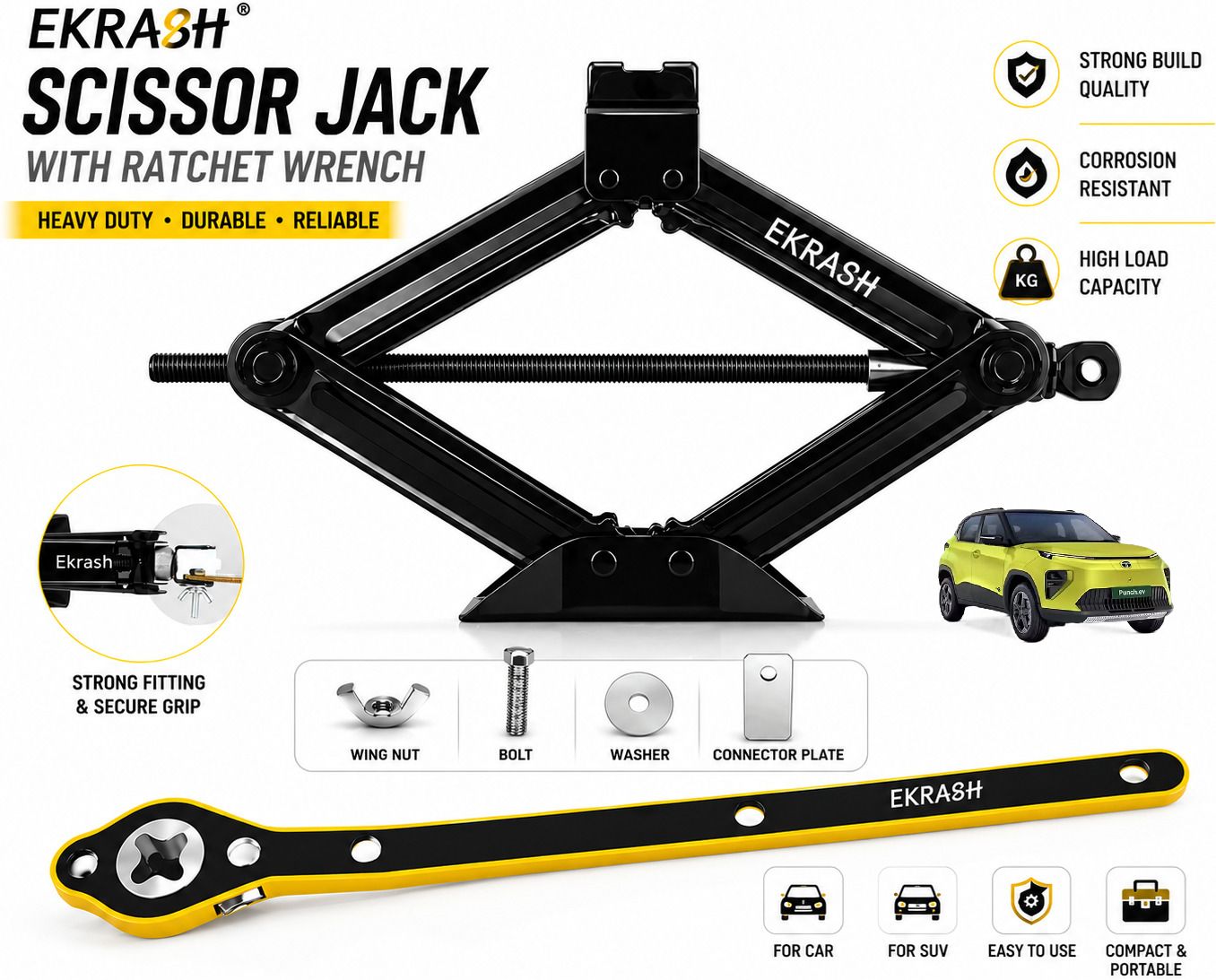 ekrash Black 1.5 Ton Manual Scissor Jack for Hatchback, Rikshaw /Car, Auto with Ratchet Vehicle Jack-picture-38