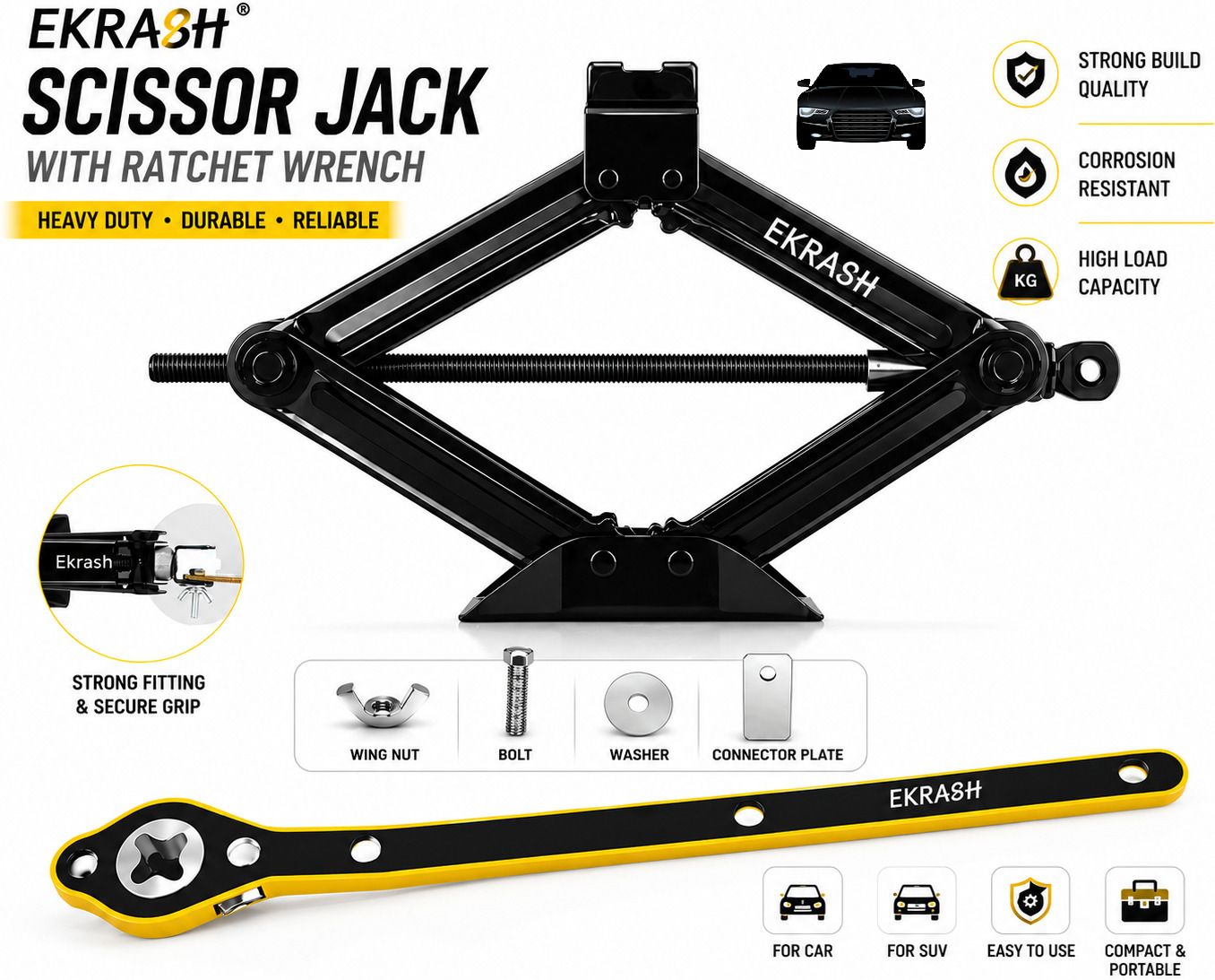 ekrash Black 1.5 Ton Manual Scissor Jack for Hatchback, Rikshaw /Auto, Car with Ratchet Vehicle Jack-picture-15