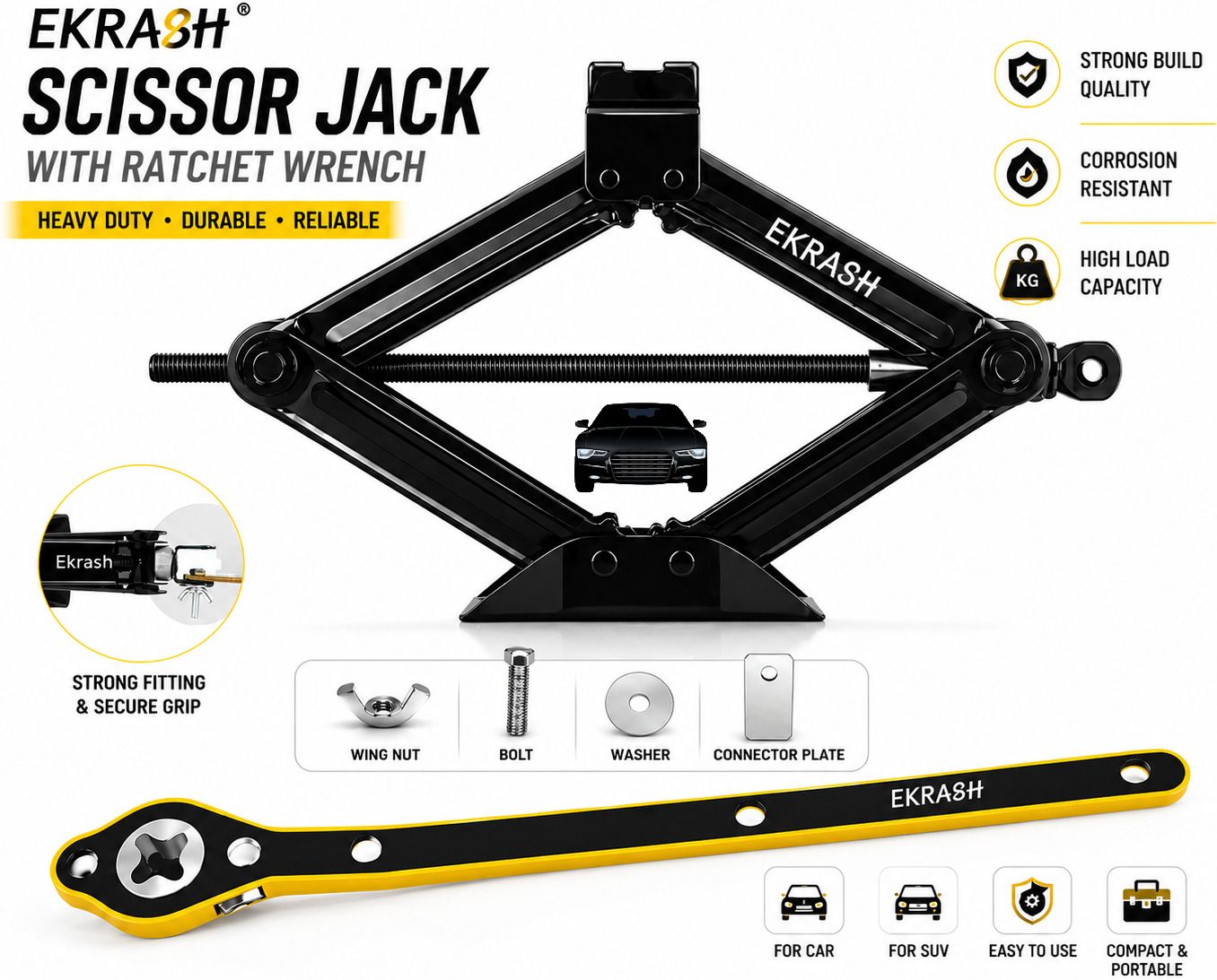 ekrash 1.5 Ton Manual Black Scissor Jack with Ratchet for Auto, Hatchback, Car/ Rikshaw Vehicle Jack-picture-14