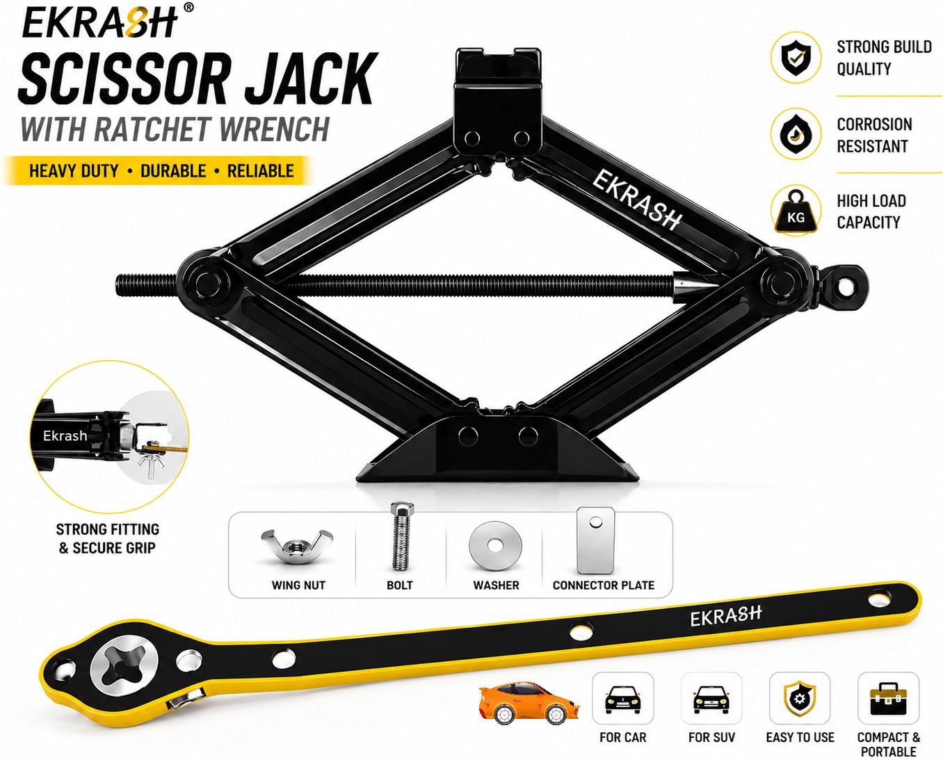 ekrash Black 1.5 Ton Manual Scissor Jack with Ratchet for Hatchback, Auto, Rikshaw/Car Vehicle Jack-picture-37