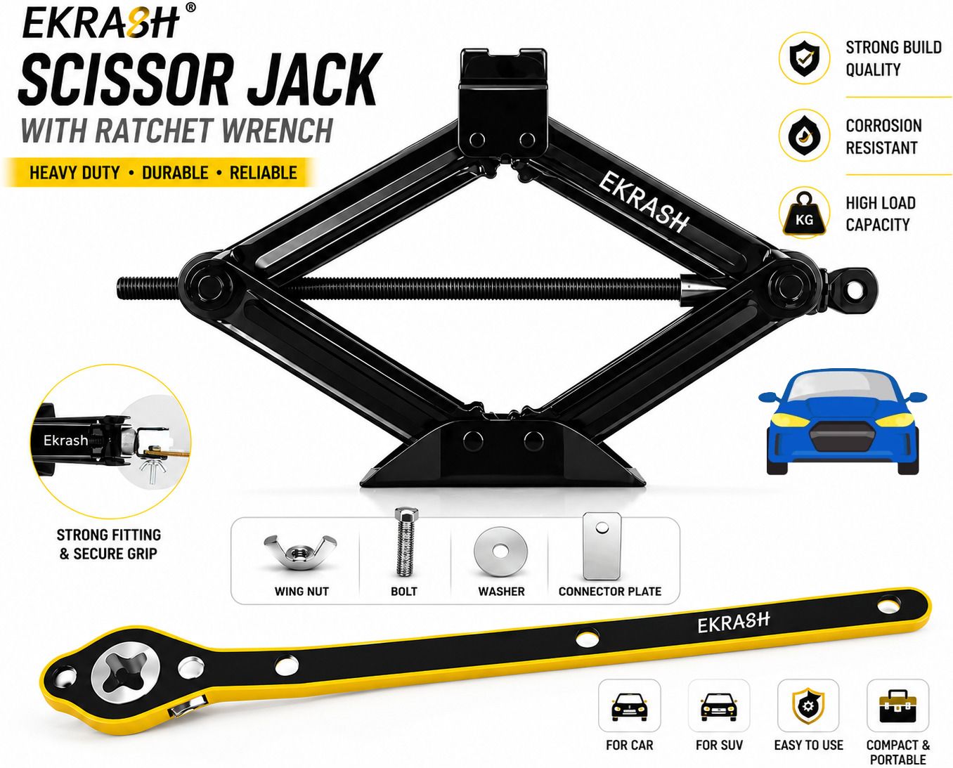 ekrash 1.5 Ton Manual Black Scissor Jack with Ratchet for Hatchback, Rikshaw /Auto, Car Vehicle Jack-picture-46