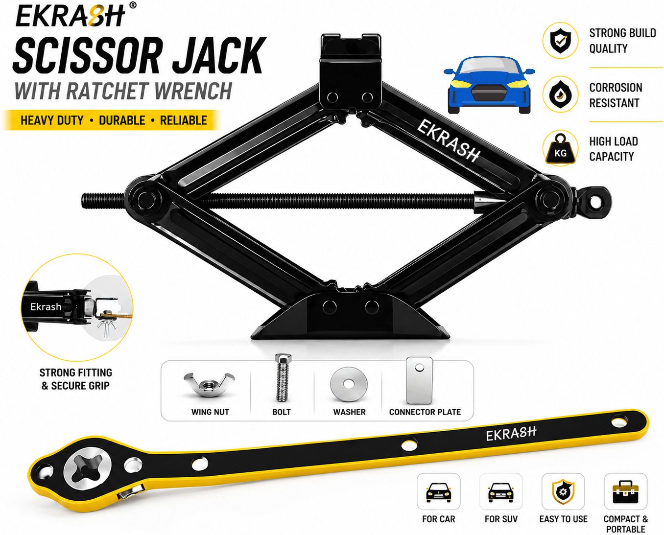 ekrash 1.5 Ton Manual Black Scissor Jack with Ratchet for Hatchback, Auto, Rikshaw/Car Vehicle Jack-picture-30