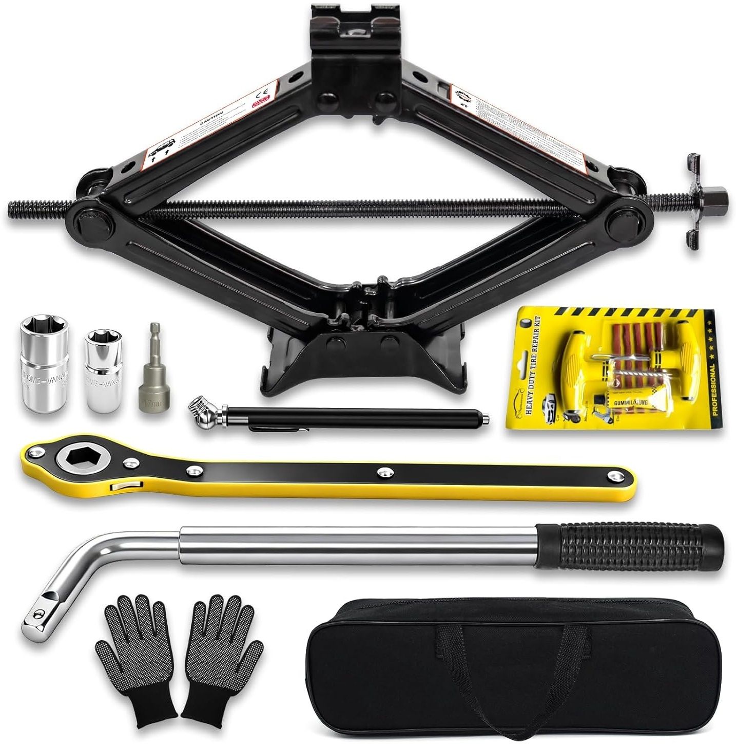 car jack kit, scissor jack kit 3 ton(6610 lbs)tire repairing kit with lug wrench vehicle jack