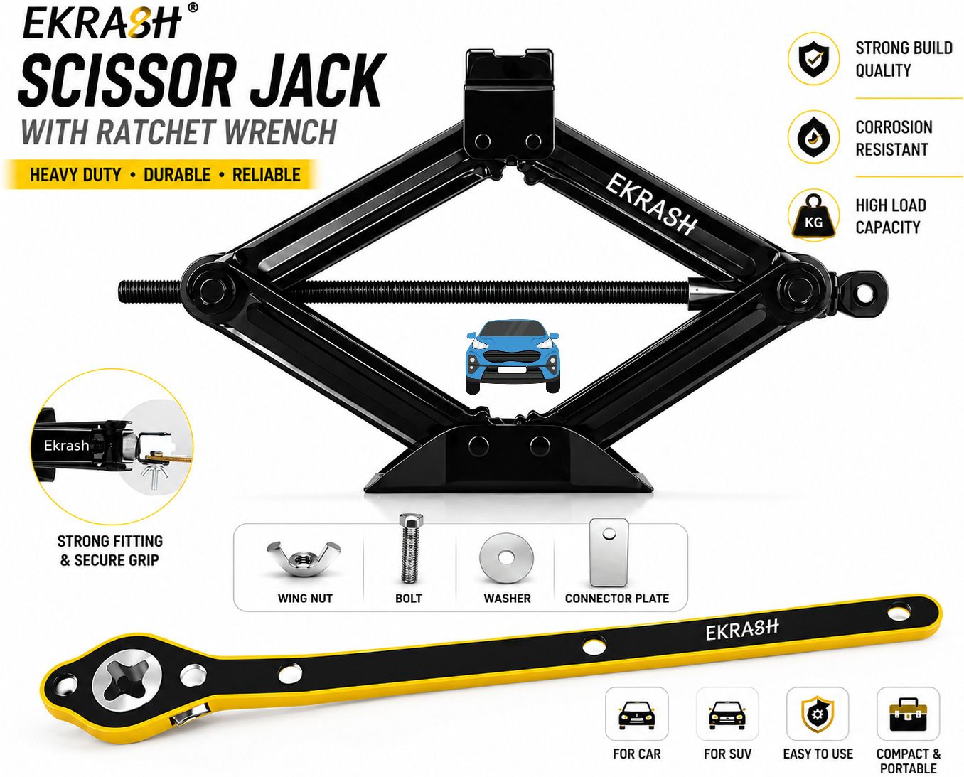 ekrash 1.5 Ton Black Manual Scissor Jack with Ratchet for Hatchback, Rikshaw /Car, Auto Vehicle Jack-picture-12
