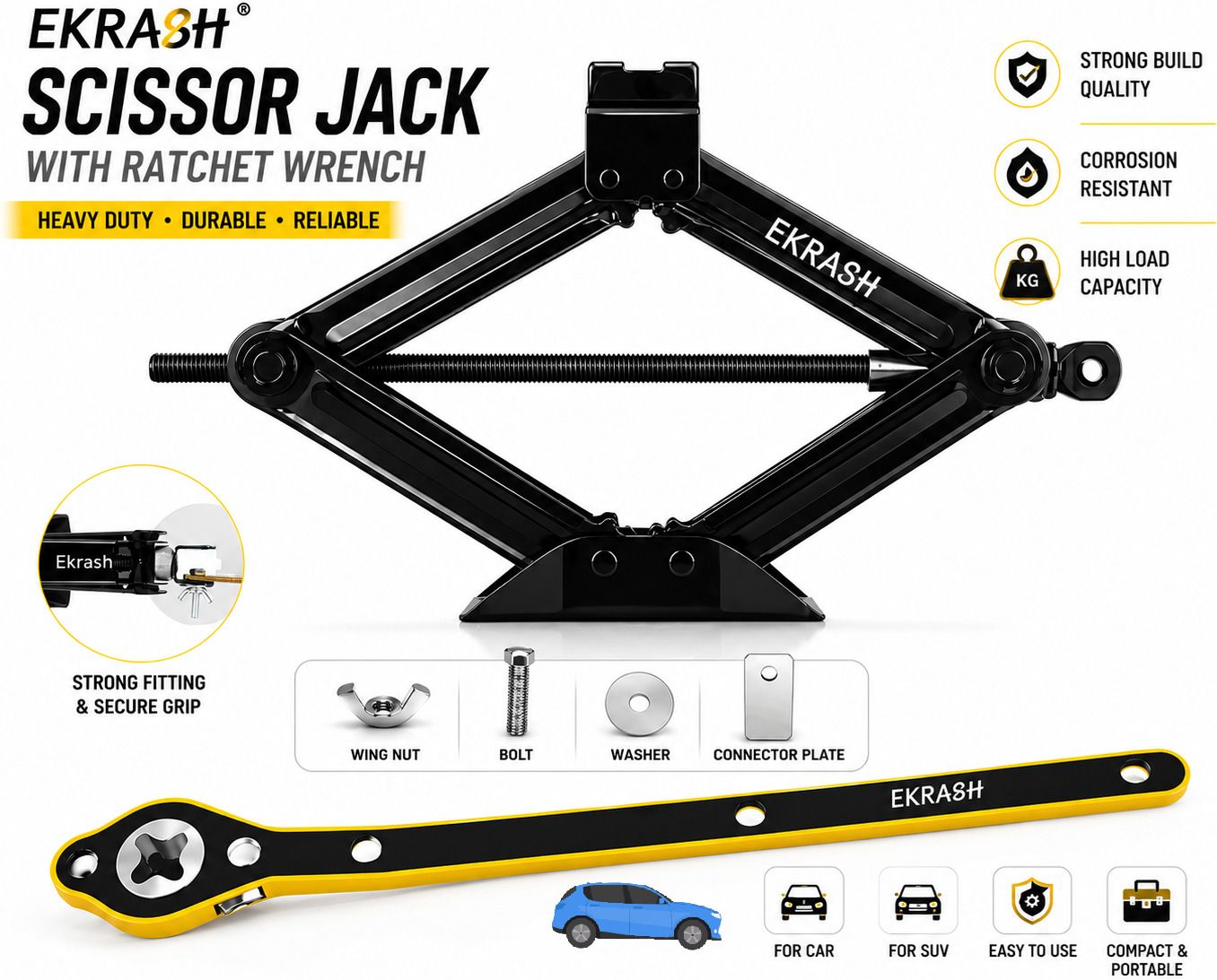 ekrash Black 1.5 Ton Manual Scissor Jack for Hatchback, Auto, Car/ Rikshaw with Ratchet Vehicle Jack-picture-24
