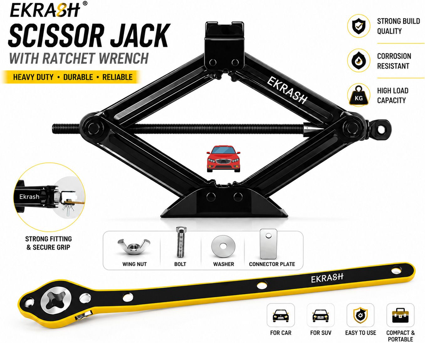 ekrash Black 1.5 Ton Manual Scissor Jack with Ratchet for Auto, Hatchback, Car/ Rikshaw Vehicle Jack-picture-43