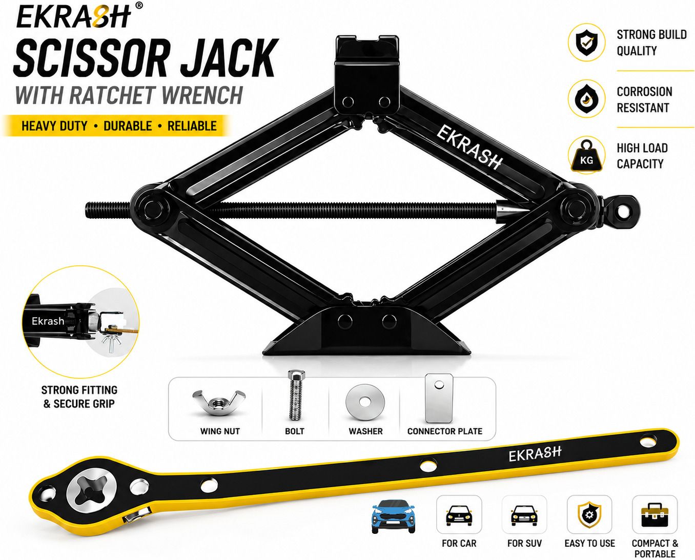 ekrash 1.5 Ton Black Manual Scissor Jack with Ratchet for Hatchback, Auto, Rikshaw/Car Vehicle Jack-picture-48