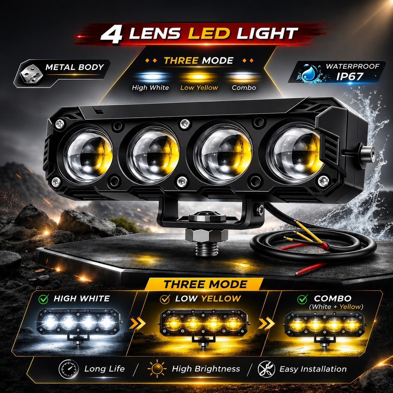 4 Lens LED Driving Light for Bike Car White Yellow Beam Fog Lamp Motorbike LED (12 V, 40 W)-image-46