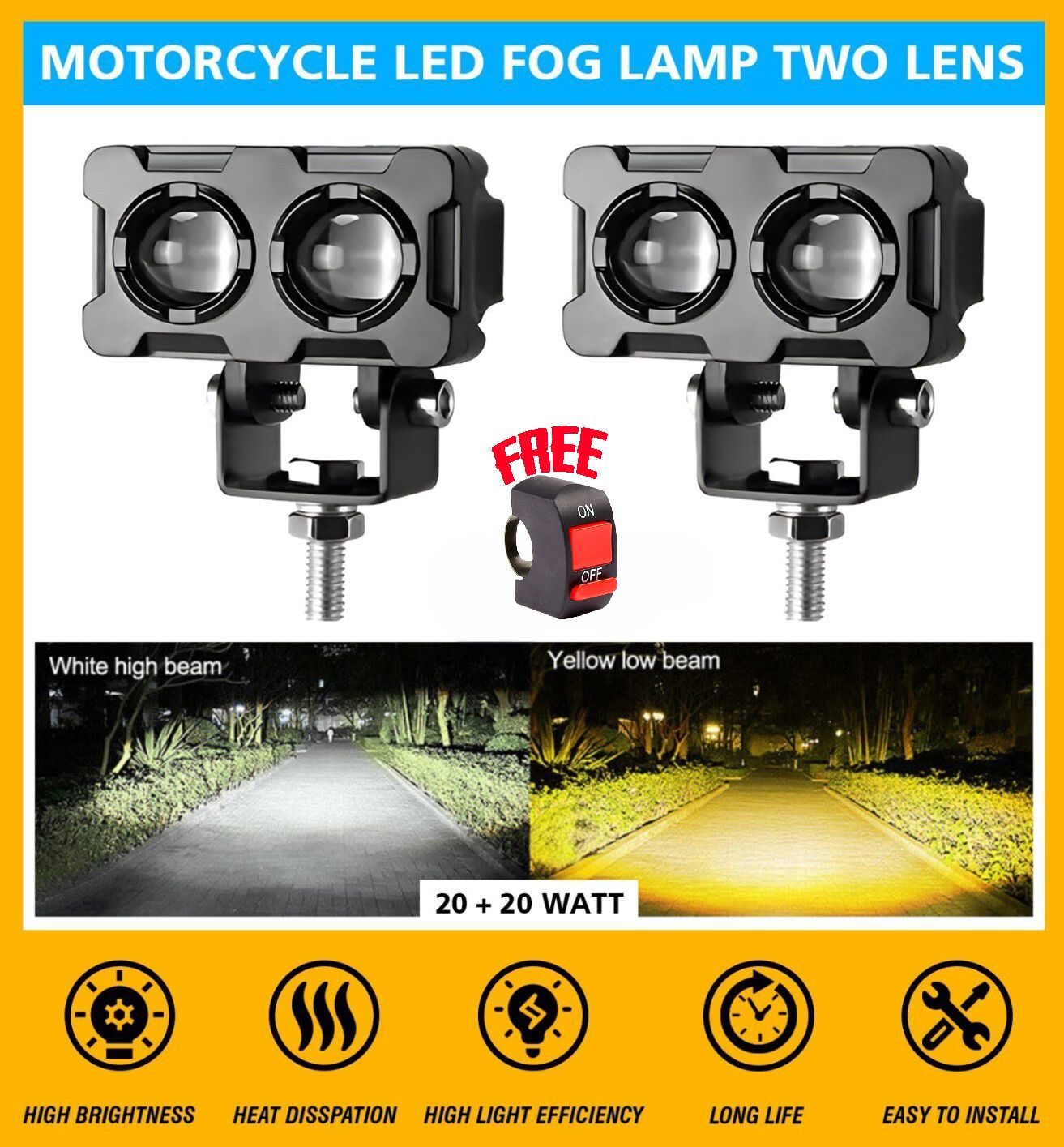Motorcycle LED Fog Lamp Two Lens White Yellow Heavy Quality Fog Lamp Car, Motorbike LED (12 V, 40 W)-image-48