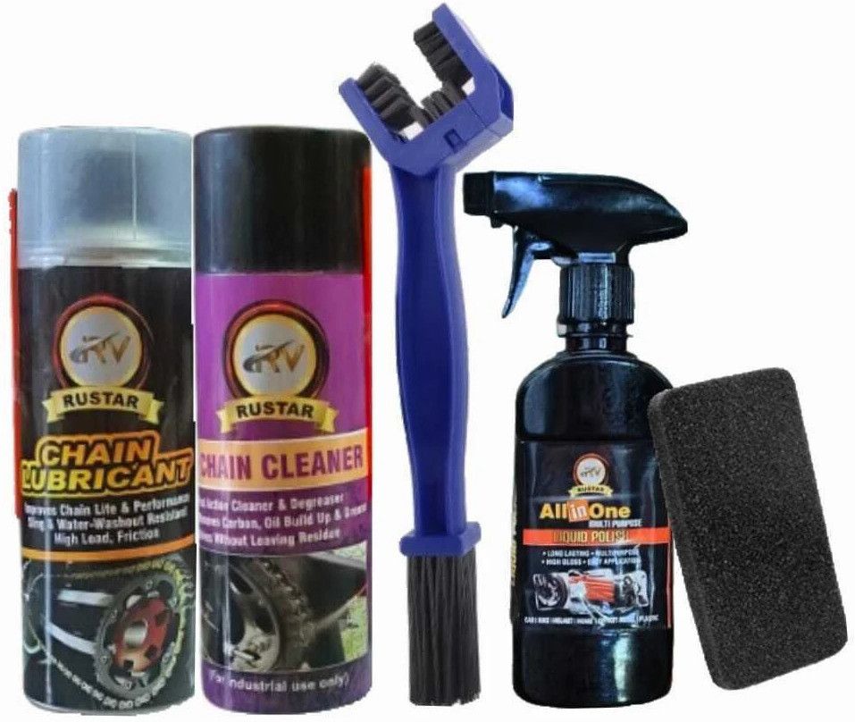 Combo of Chain Lube +Chain Cleaner (500ml each) +All In One Polish (250ml) with Cleaning Brush & Foam Applicator |Cleans| Shines & Protects Chain| Chain Oil-image-46