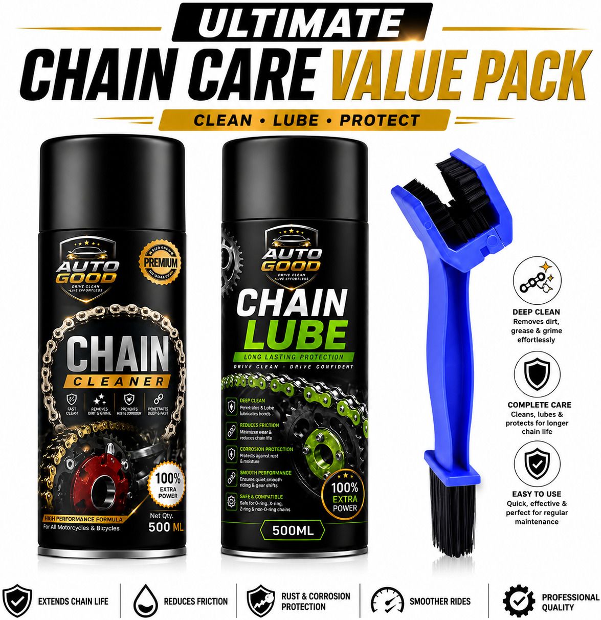 auto good Motorcycle Chain Care Kit With Cleaner Lubricant And Cleaning High Performance Motorcycle Chain Care Combo With Cleaner Lubricant Chain Oil-picture-31