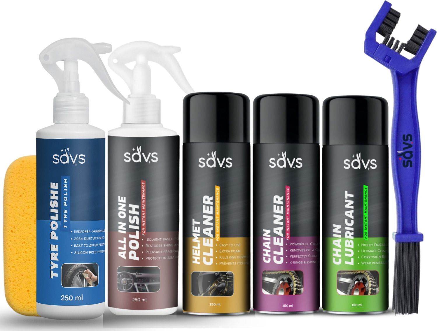 Combo of Chain Lubricant + Chain Cleaner + Helmet Cleaner + All in 1 Polish + Tyre Polish + Cleaning Brush With Sponge Shine Protects Chain Heavy Cleaning Kit Chain Oil-image-17