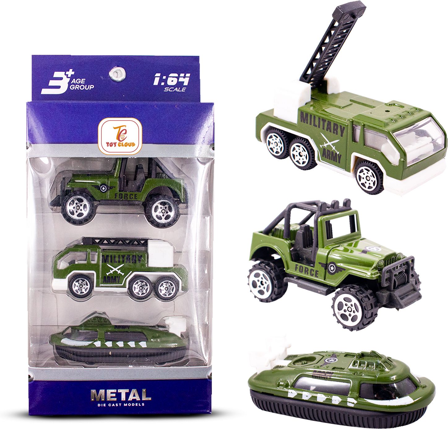 Free Wheel Die-Cast Metal Military Vehicle Set of 3 Pcs, 1:64 Scale Model Toys-image-4