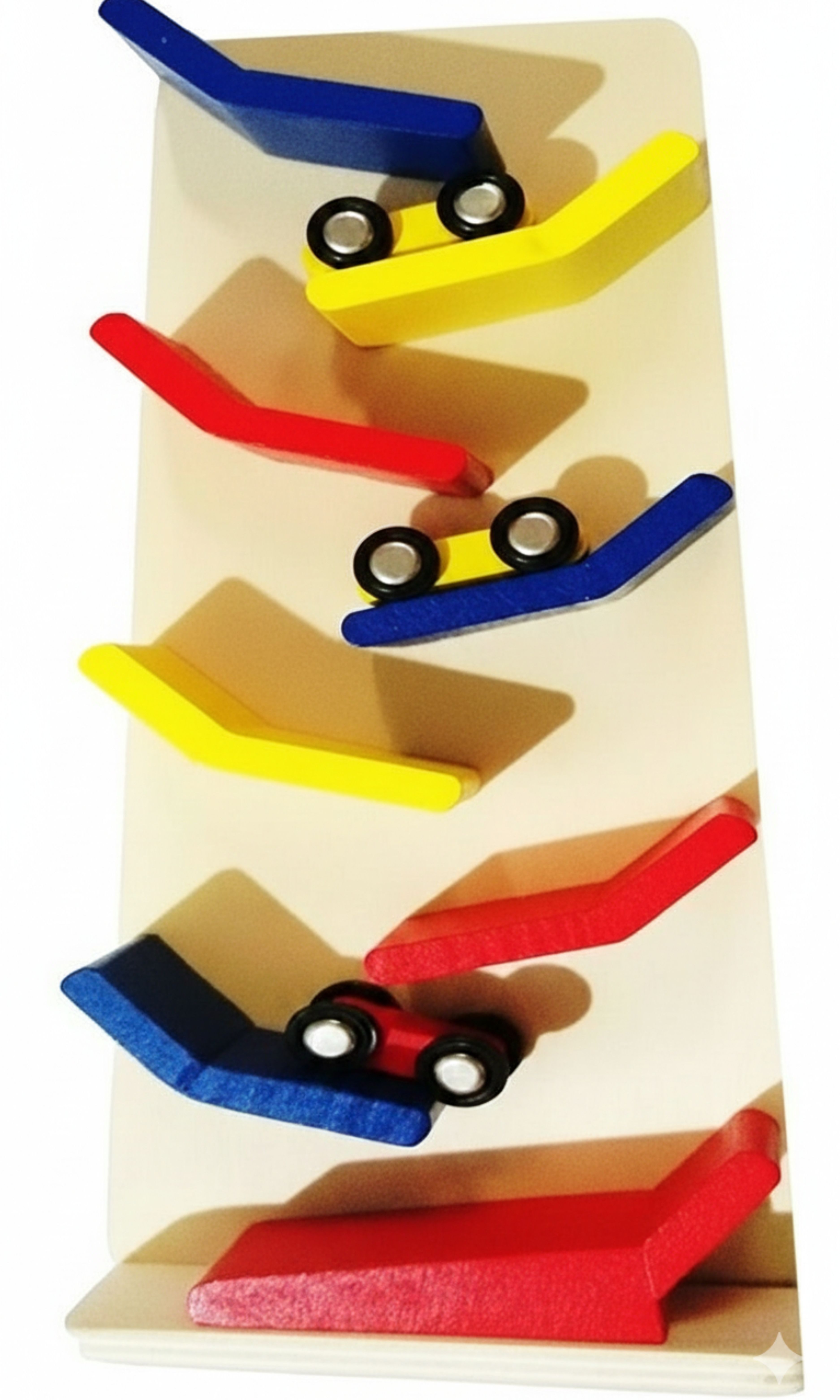 Wooden Zig Zag Car Ramp Toy Gravity Race Track with 8 Slippery Ramps 3 Mini Cars-image-39