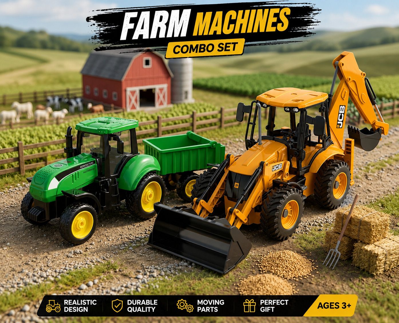 Farm Machine Toy Combo Set Tractor with Trolley & JCB Excavator for Kids-image-5