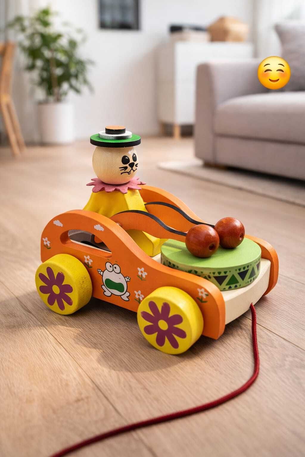 Wooden Pull Along Bunny Drumming Toy Musical Walking Car for Toddlers