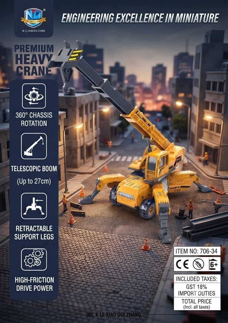 Die-Cast Style Construction Crane Vehicle with Movable Boom & Stabilizer Legs-image-0