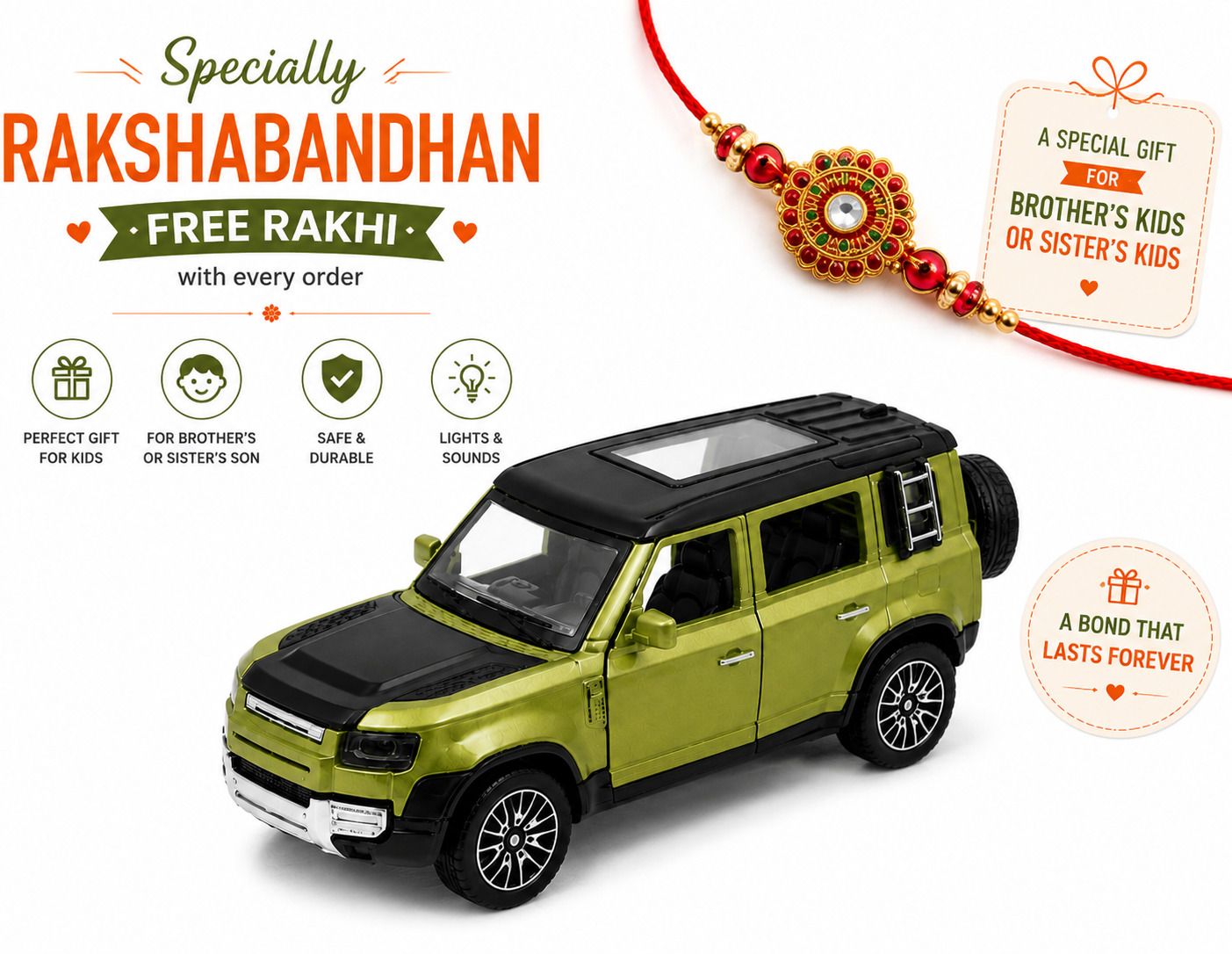 thriveonix Defender Toy Car – Raksha Bandhan Special | Free Rakhi | Metal Pull Back SUV-picture-47